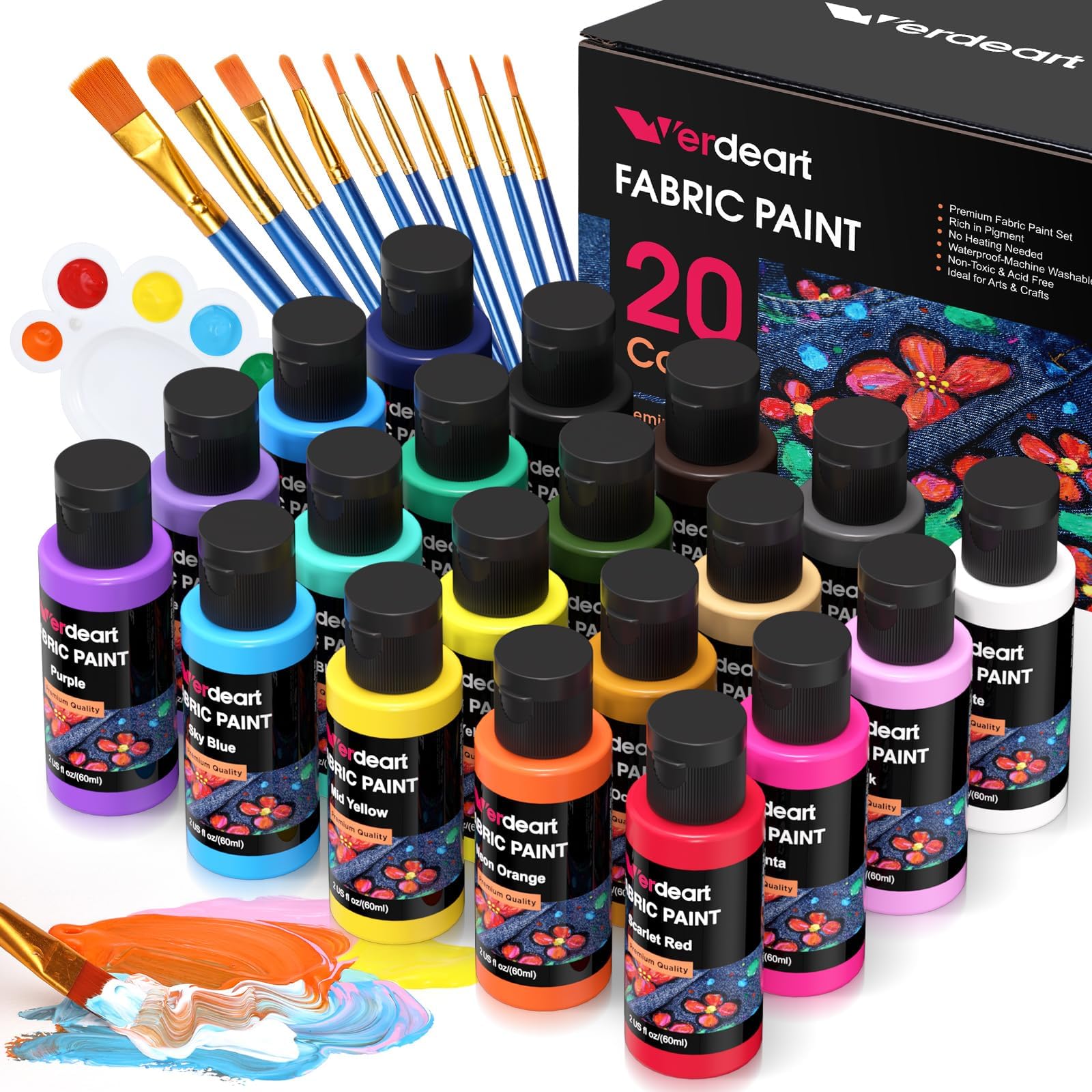 Fabric Paint, 20 Colors Permanent Soft Fabric Paint Set for Clothes in Bottles (60ml) with 10 Brushes Palette-image-45