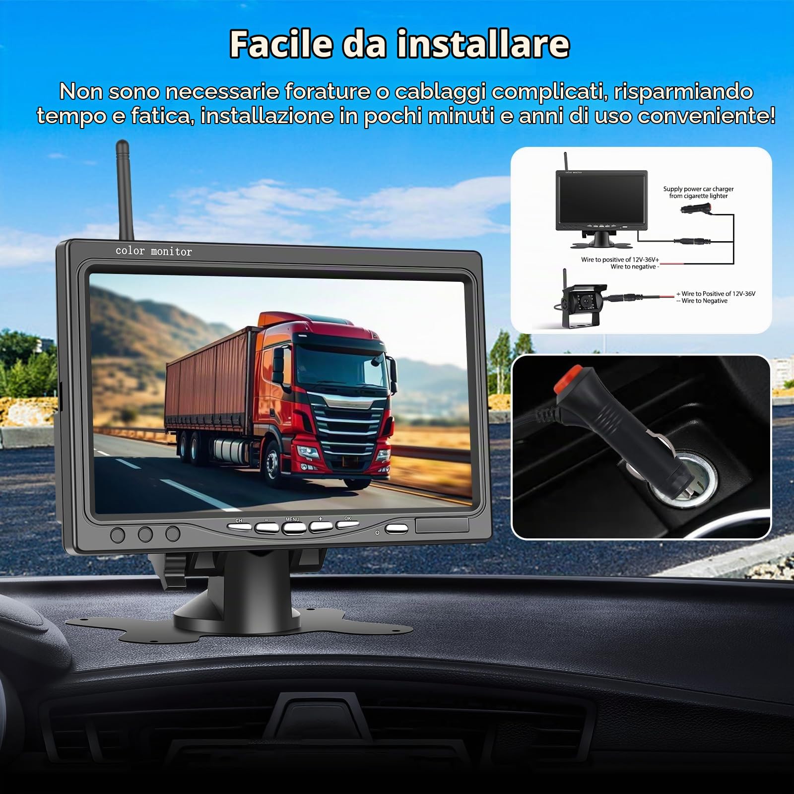 Telecamera per la Retromarcia Wireless Motorsi da 7'' con Schermo HD 1080P, Visione Notturna e Telecamera di Retromarcia Impermeabile IP68, Sistema di Retromarcia per Auto/SUV/Furgoni/Pickup/Camion