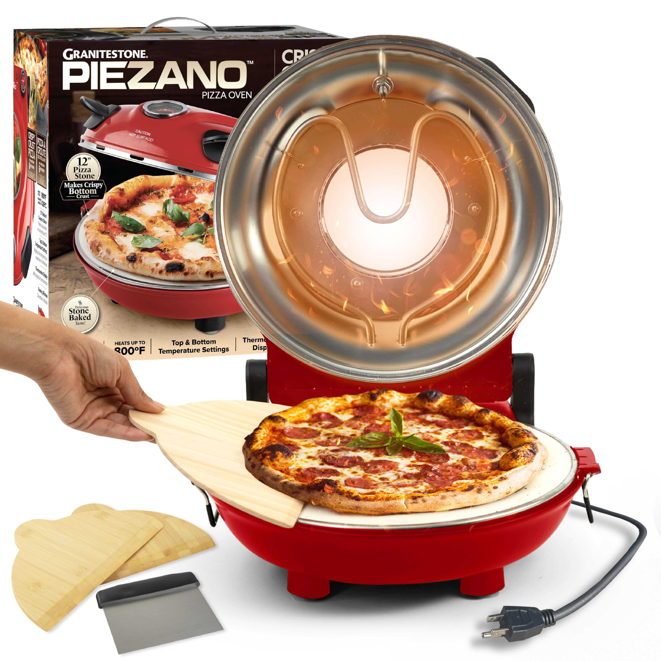 Granitestone - Horno de pizza de corteza crujiente – Horno eléctrico de pizza de 12 pulgadas para encimera de interior con piedra de cerámica calienta hasta 800˚F para una deliciosa pizza