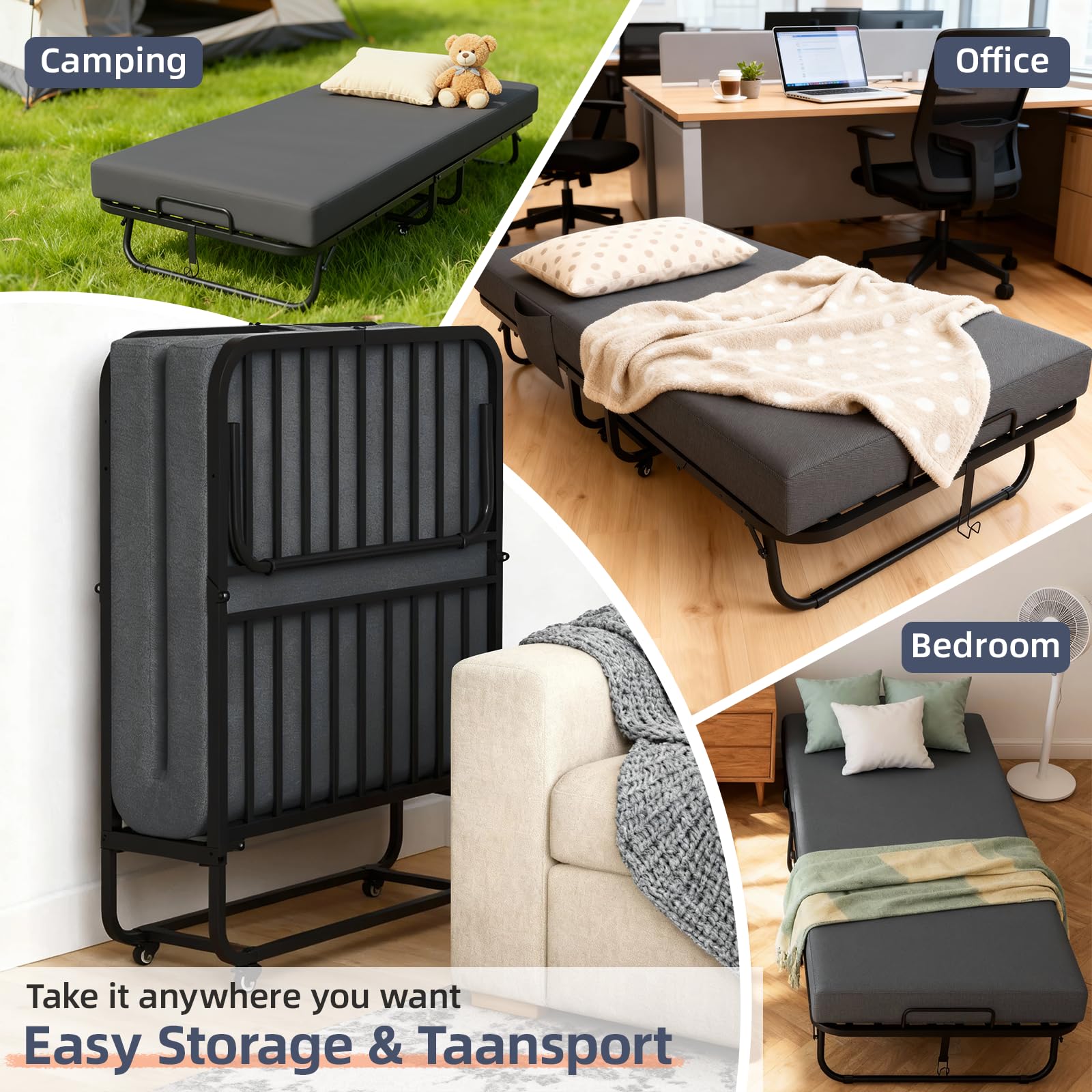 VOWNER Klappbett 200x90cm, Klappbares Gästebett für Erwachsene mit 13 cm Schaumstoff Memory-Matratze, Schutzhülle, Stabiler Metallrahmen und Rollen, Reisebett bis 200 kg belastbar
