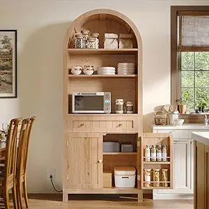 DWVO 73" Arched Kitchen Pantry Cabinet with Charging Station, Farmhouse Kitchen Storage Cupboard with Shelves, Drawer & Door Racks for Dining & Living Room, Wood