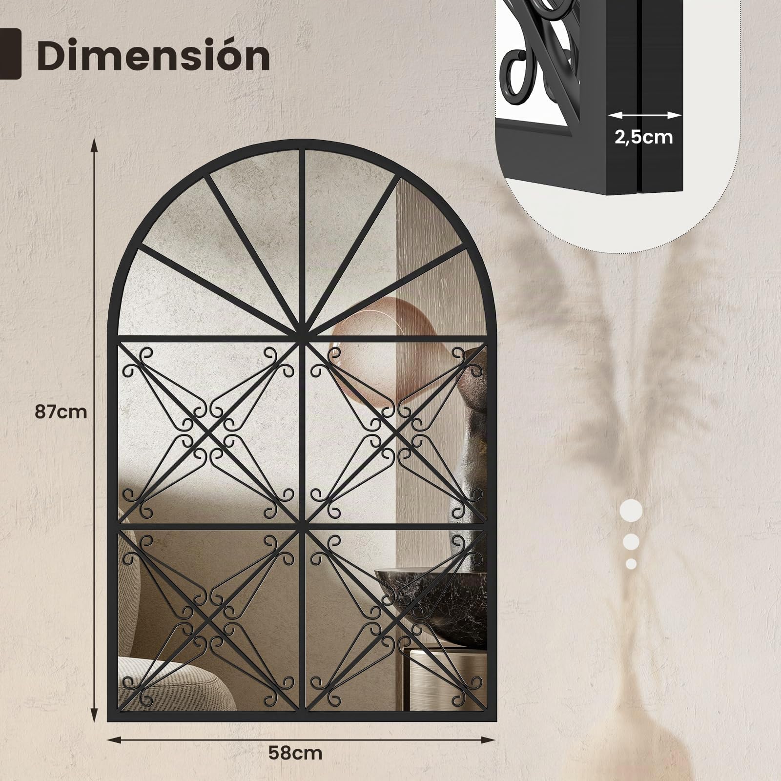 COSTWAY Espejo Pared de Ventana Arqueado, 58 x 87 cm, Espejo Decorativo con Marco de Metal, Espejo Colgante para Decoración de Ventana para Salón, Chimenea, Entrada, Dormitorio y Baño, Negro