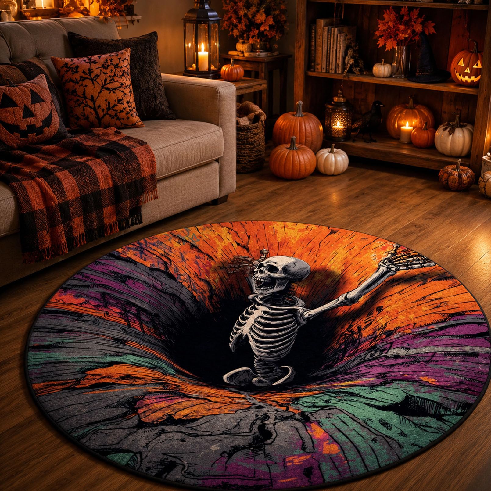 pluffy 3D Optical Illusion Haunted Staircase Round Rug, 3d Halloween Optical Illusion Rug, Ghost Quilted Carpet Skeleton Pumpkin Home Decor For Living Room Door Indoor Party (G,60cm)