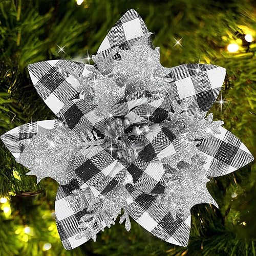 Sawowkuya 15 piezas de flores de Pascua artificiales negras con purpurina para decoración de árbol de Navidad, decoración de corona de fiesta de boda