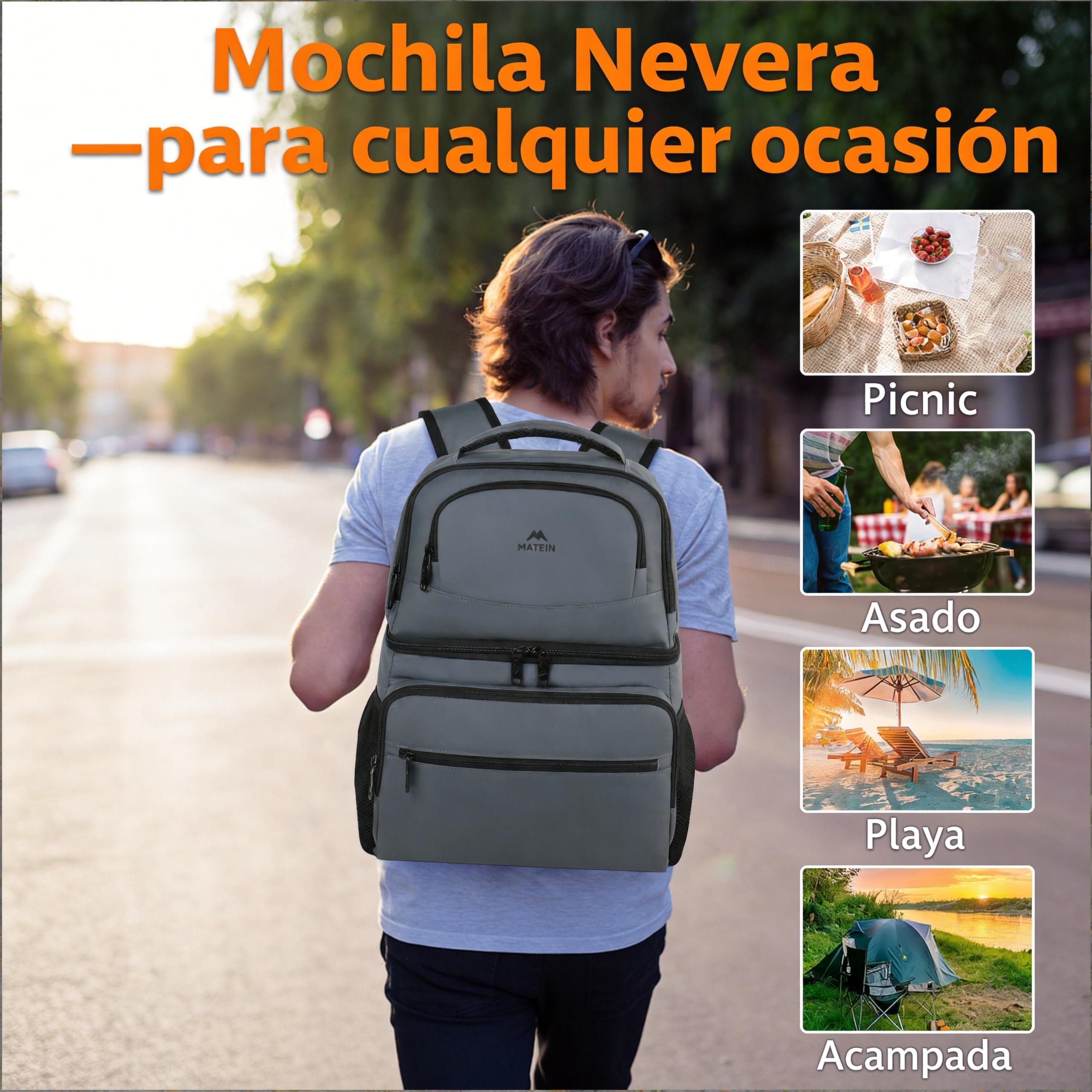 MATEIN Mochila Nevera 30 litros con Capacidad de hasta 40 Latas, Mochila Termica Porta Alimentos de Doble Compartimento Ligera y Antifugas Bolsa Isotermica para Playa, Camping y Senderismo, Gris