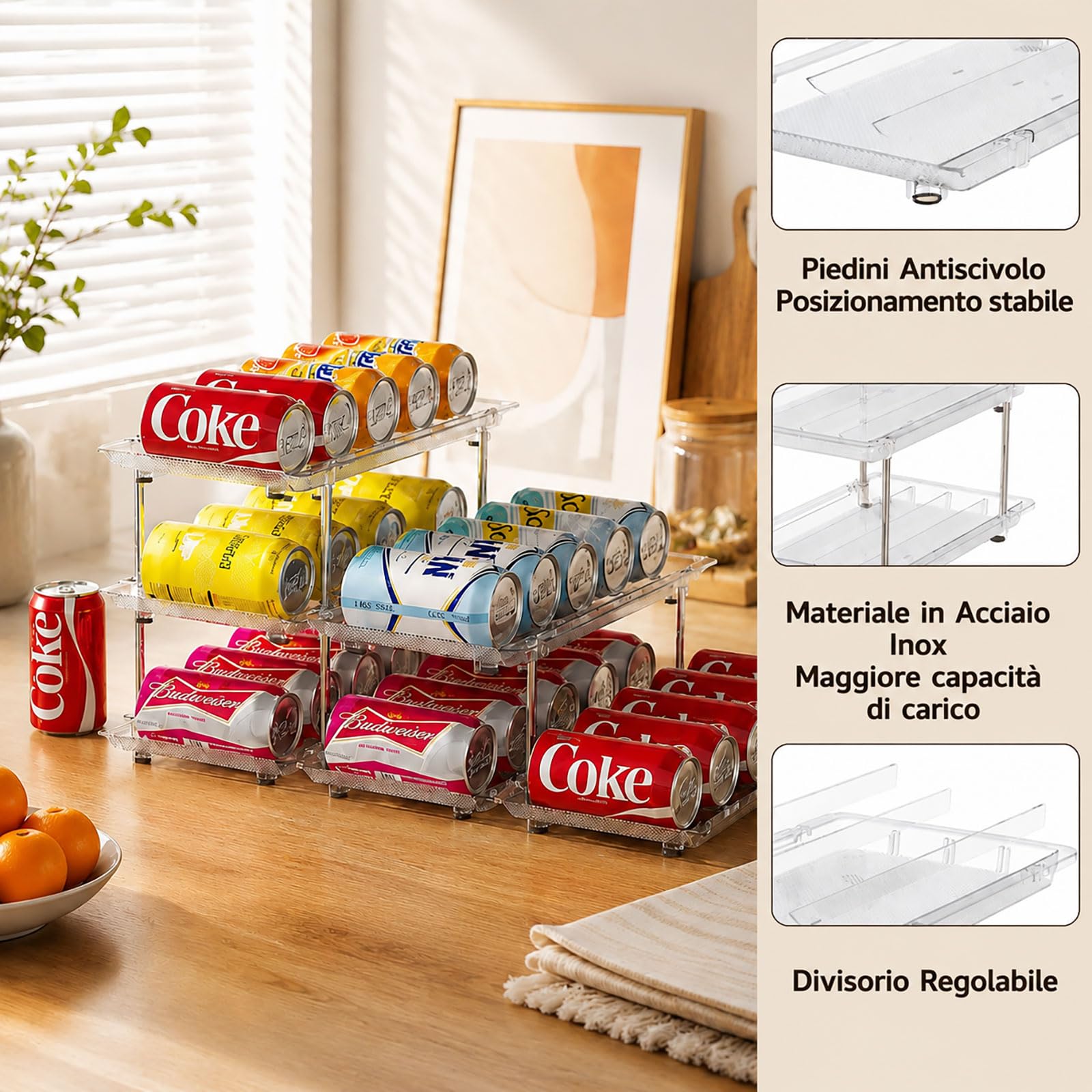 Organizzatore per Lattine e Barattoli da Conserva per Dispensa – Distributore a 3 Livelli Impilabile per Armadio Cucina e Frigo – Sistema di Conservazione Regolabile per Conserve, Bibite e