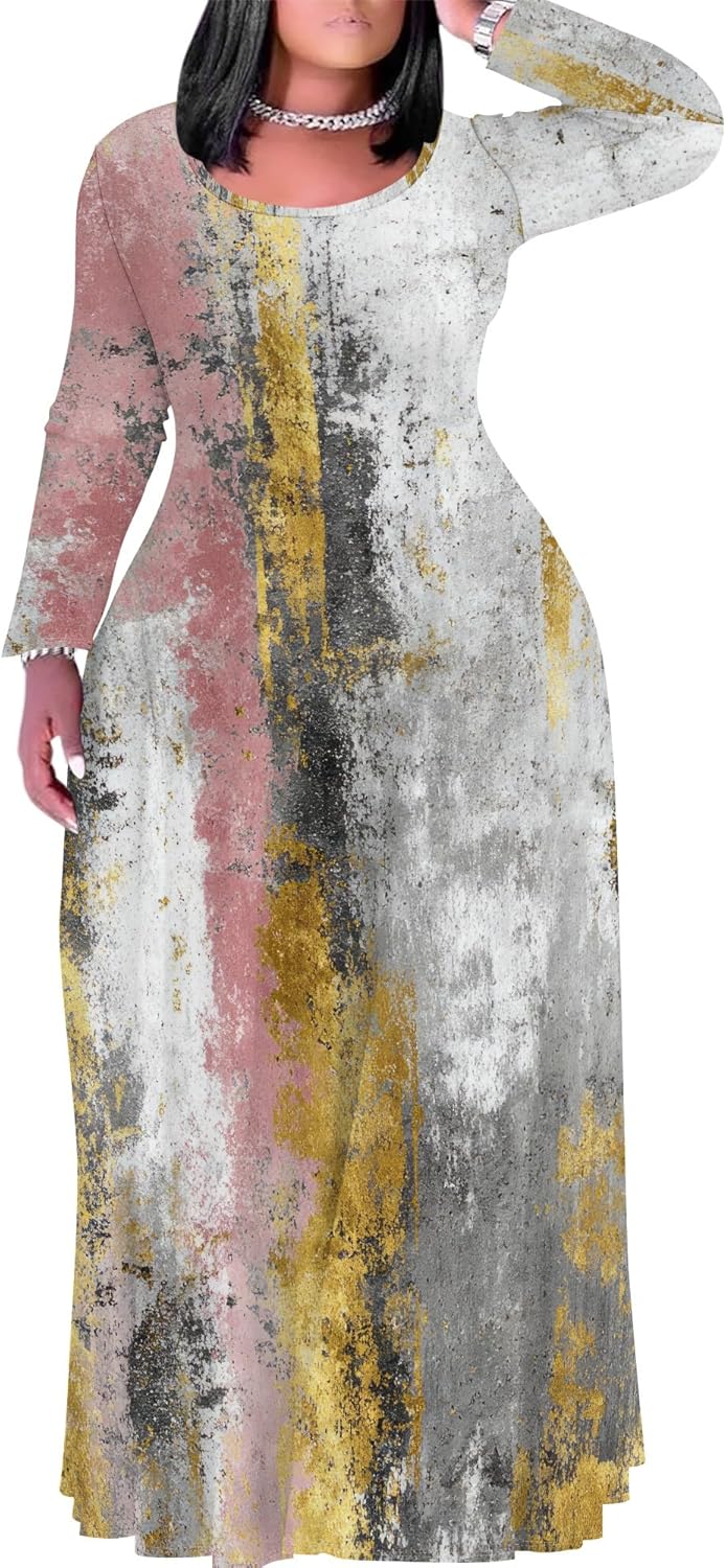 PinkPatty Plus Size Maxi Dress for Curvy Women Crew Neck Long Sleeves Casual Dress Vacation Sundresses with Pockets