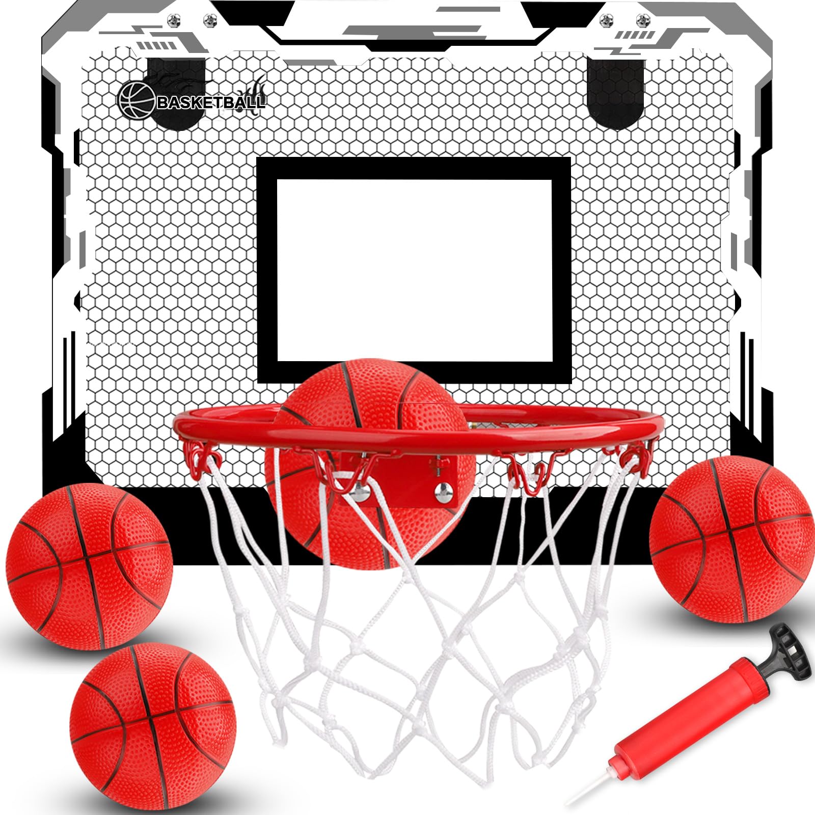 Indoor Basketballkorb Set mit 4 Bällen für Kinder Erwachsene, Basketball hängen an der Tür für Zimmer Büro Schlafzimmer