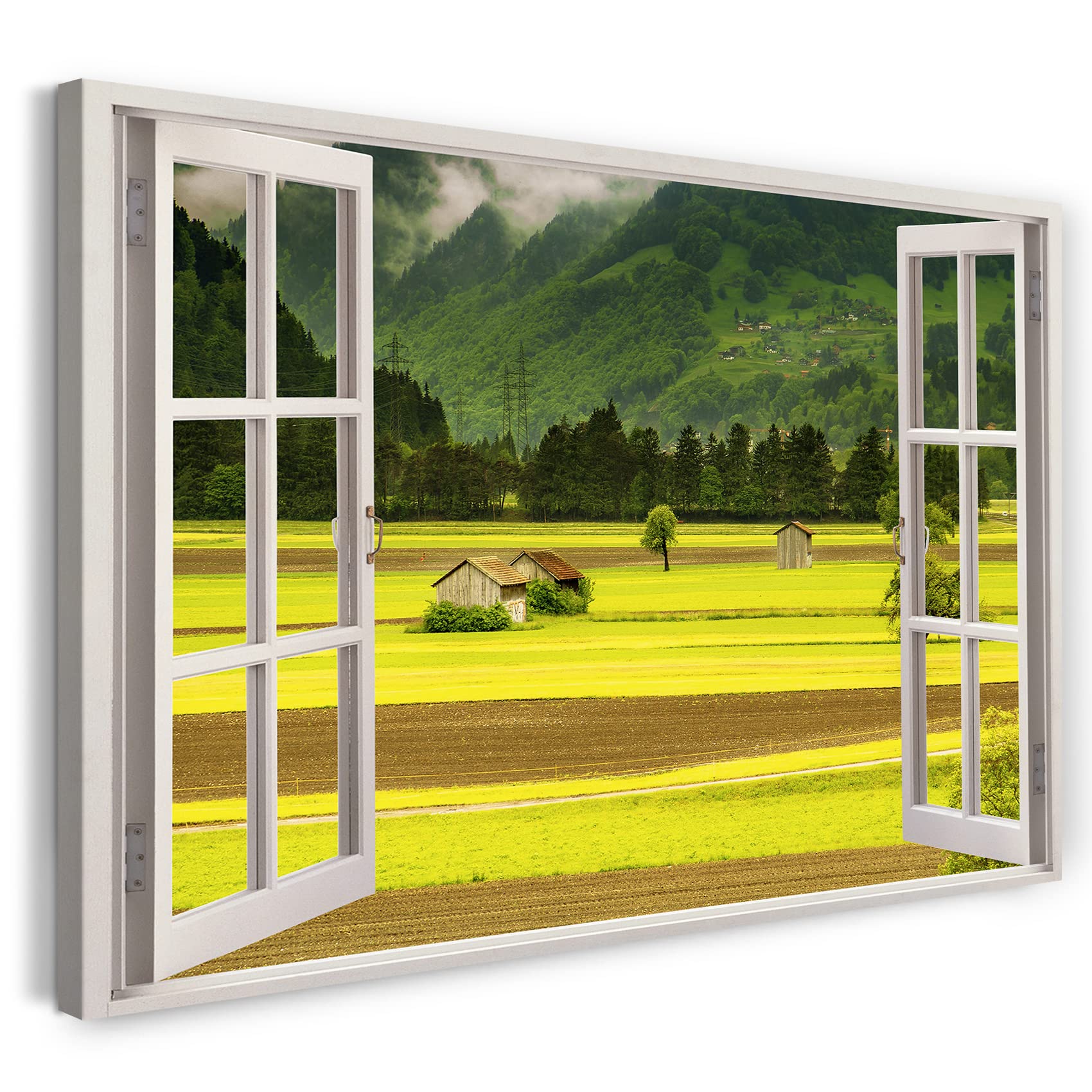Print on Canvas (100x70 cm) view from the window - landscape mountains fields trees nature - nature photography, real wood frame with hook