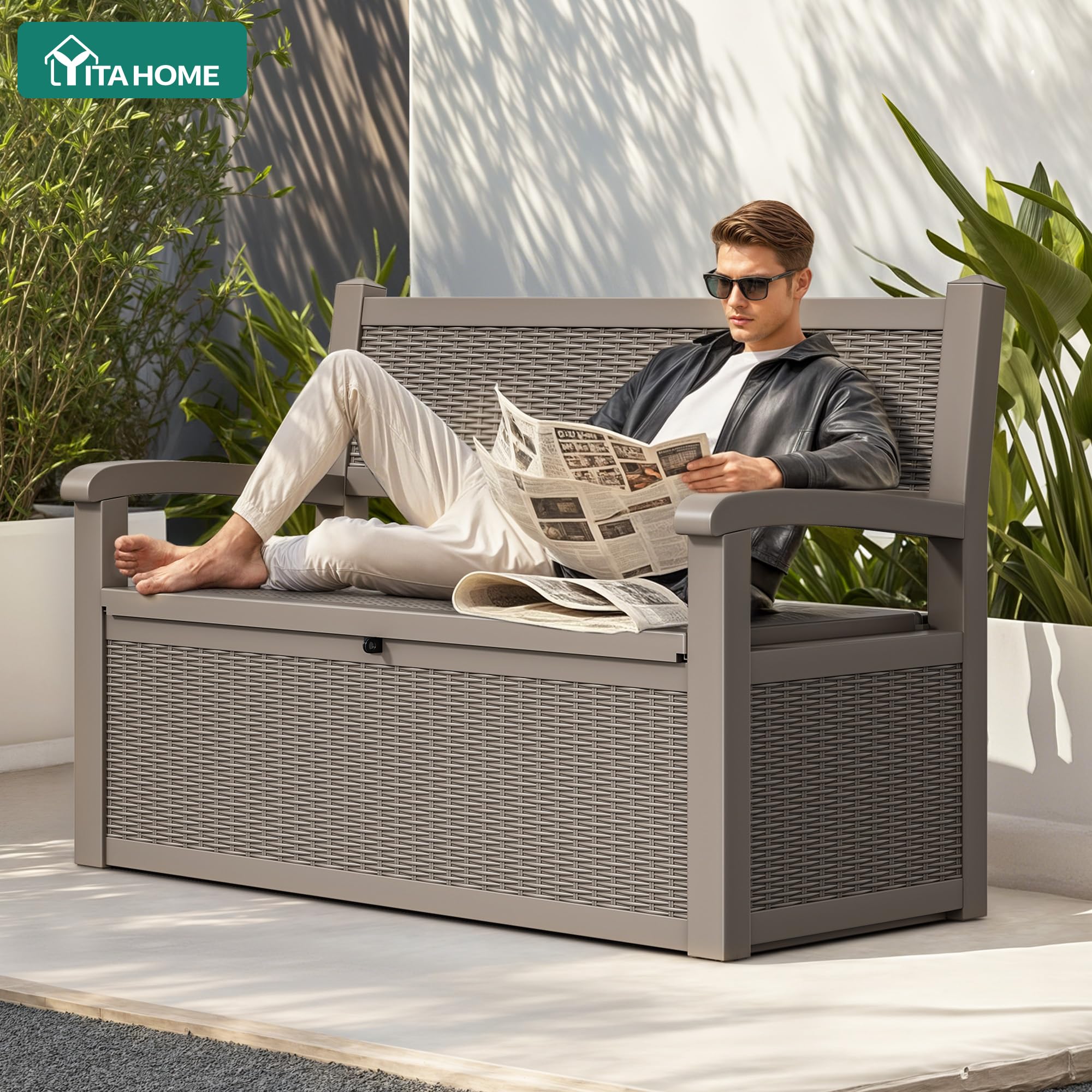 YITAHOME 265L Aufbewahrungsbank Sitzkasten, Abschließbare Gartenbox, Wetterfeste Outdoor Kiste für Terrassenkissen, Gartengeräte & Poolzubehör – Hellbraun