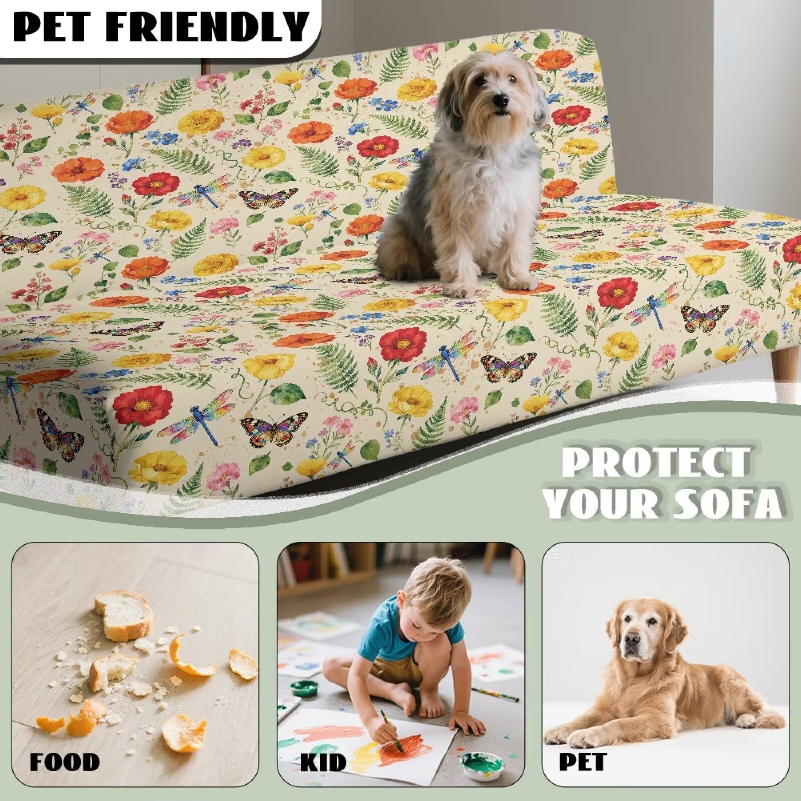 Xoenoiee Funda para futón, funda de sofá sin brazos, funda elástica para sofá, funda de sofá lavable, protector de muebles, mariposa y libélula floral