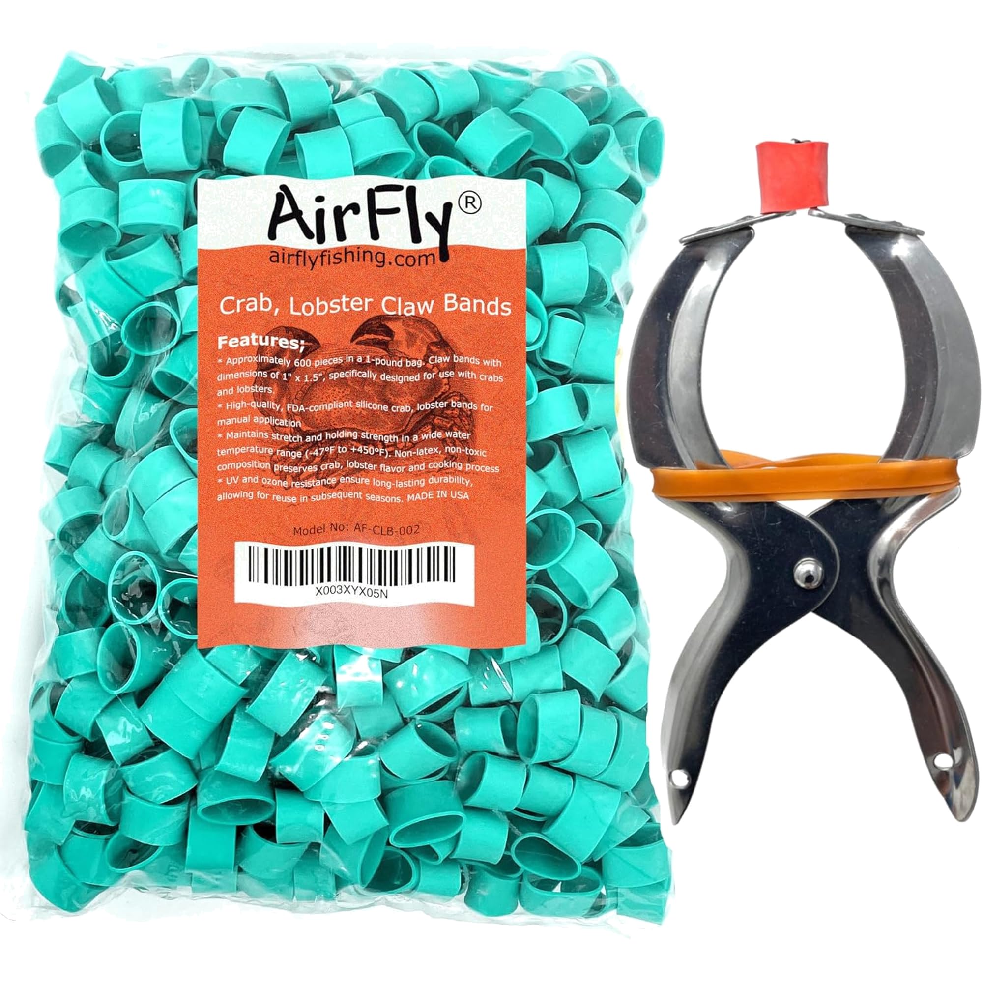 AirFly Crab, Lobster Claw Rubber Bands & Binder Tool, Protect Lobsters & Crabs, Cook Safe FDA-compliant silicone, Made in USA, 600 pcs (Binder + Green Bag), (AF-LB-01)