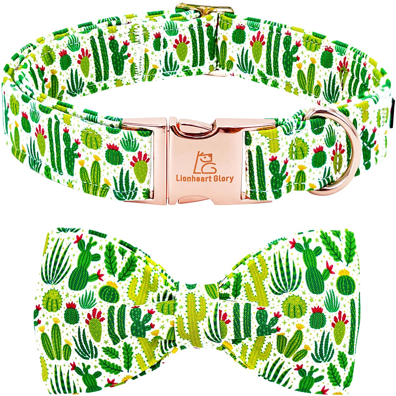 Lionheart glory Dog Bow Collar Green Cactus Print Collars for Medium Dogs,Spring Summer Cute Dog Collar with Bowtie Pet Collars Bows Pet Gift