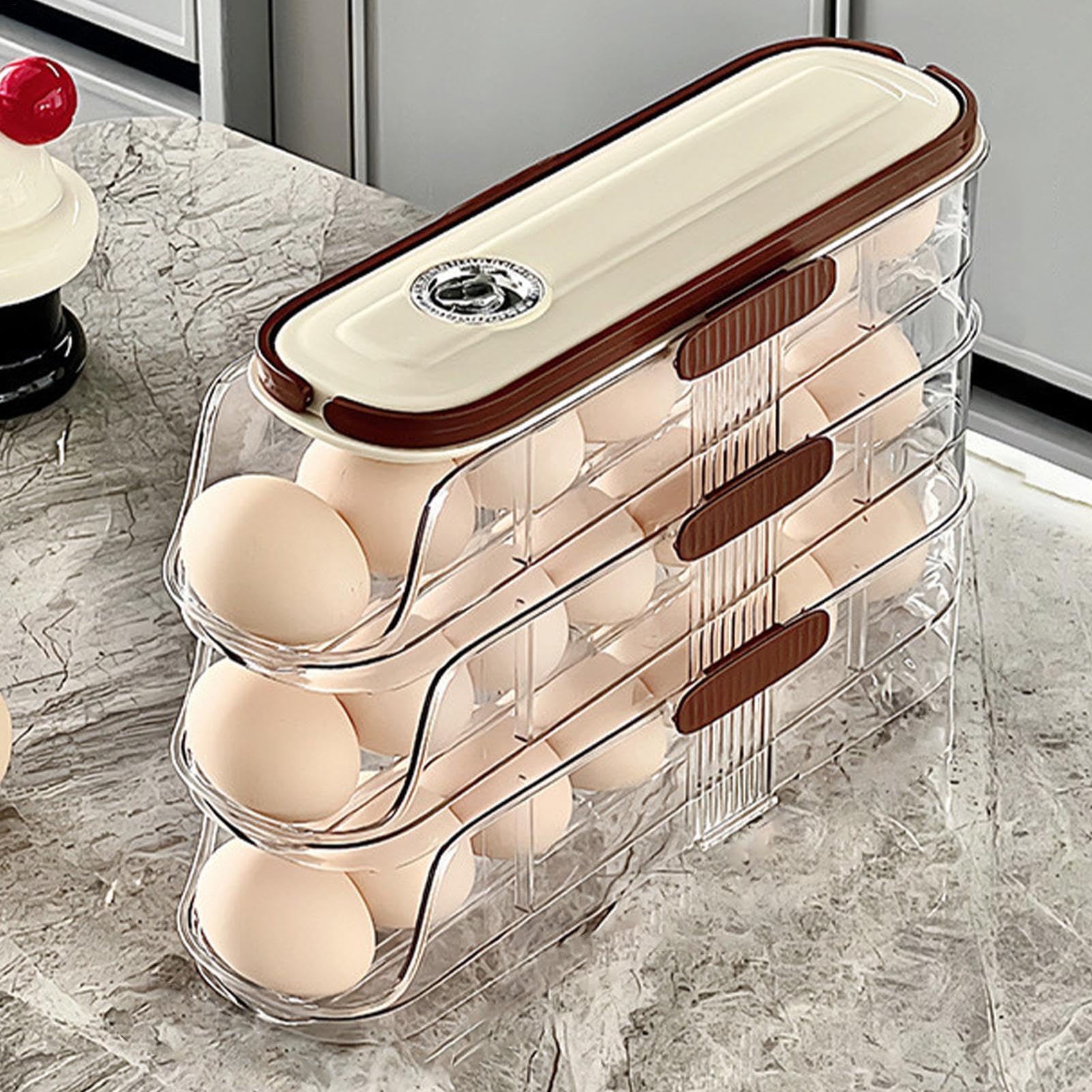Dispensador de huevos apilable, caja de almacenamiento de huevos | Soporte automático para huevos de nevera con ruedas,Dispensador automático de huevos con tapa enrollable, para organización y almacen