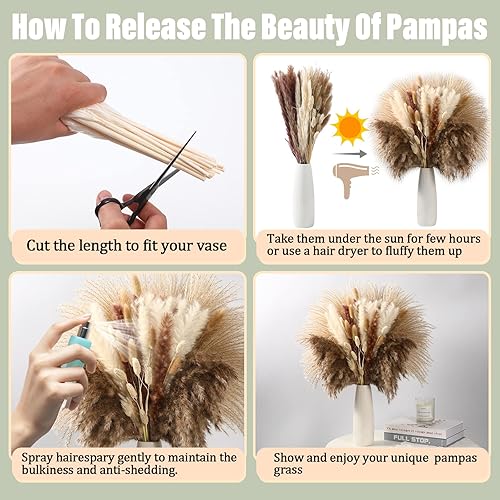 Miniatura 5 de 100 piezas de decoración de hierba de pampa seca 15 piezas de hierba marrón pomposo 15 piezas de hierba de pampa blanca 10 pompones blancas pequeñas