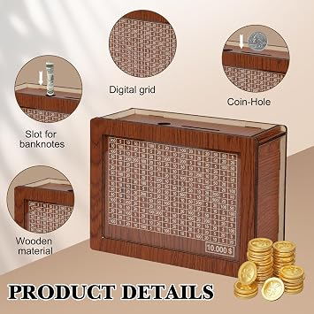 Wooden Money Box Money Bank for Kids and Adults,Cash Vault Wooden Savings Box,Cash Coin Retro Money Savings Box with Counter,Wooden Money Box with Money Target,Best Gift for Boys,Girls(10000 Dollar)