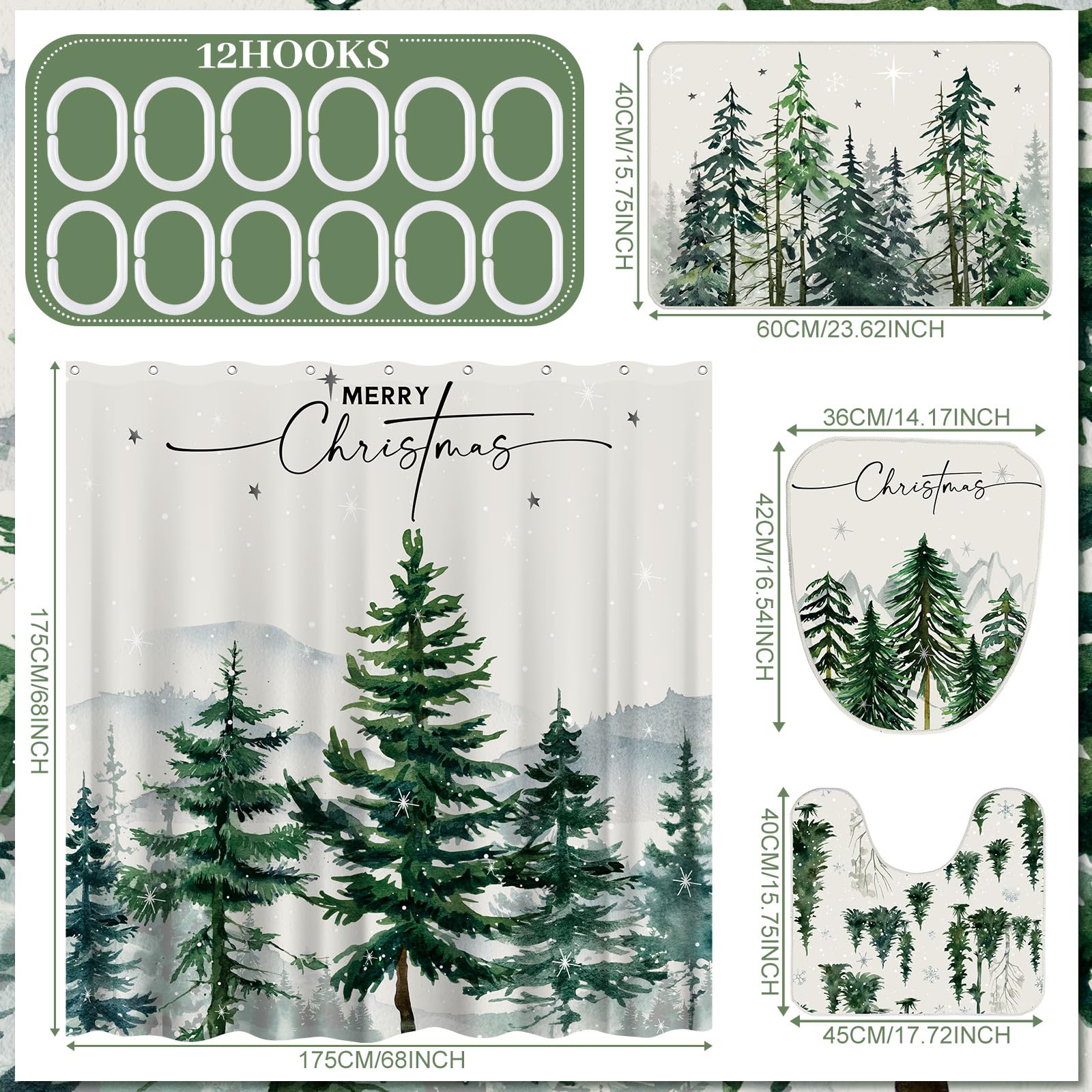 Juego de 7 cortinas de ducha de Navidad, color rosa y verde, con diseño de árbol de Navidad, cortina de ducha impermeable con alfombra antideslizante, toallas, tapa de inodoro, tapete de 3