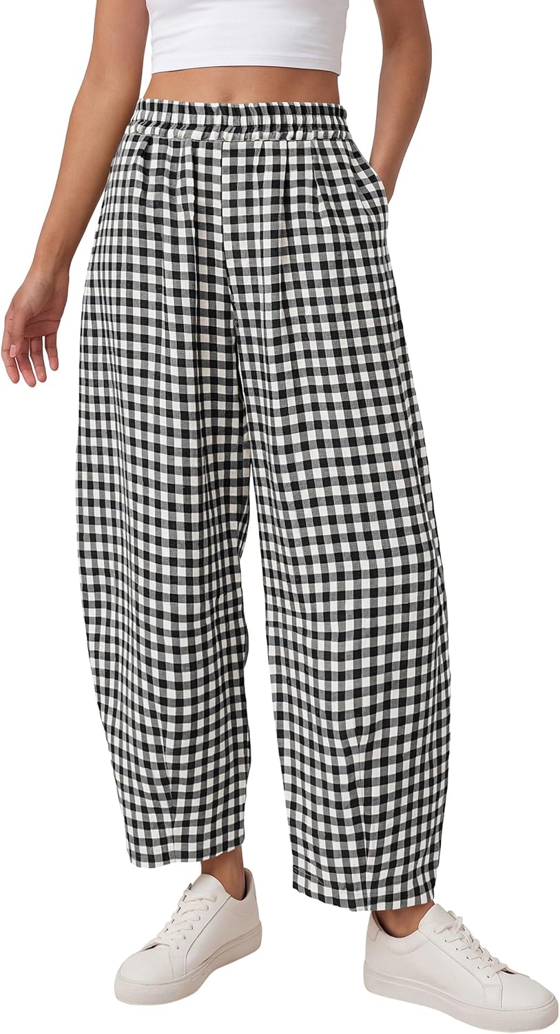 PRETTYGARDEN Plaid Barrel Pants Women Summer 2026 Casual Loose Wide Leg Lounge Gingham Trousers Spring Fashion Beach Bottoms