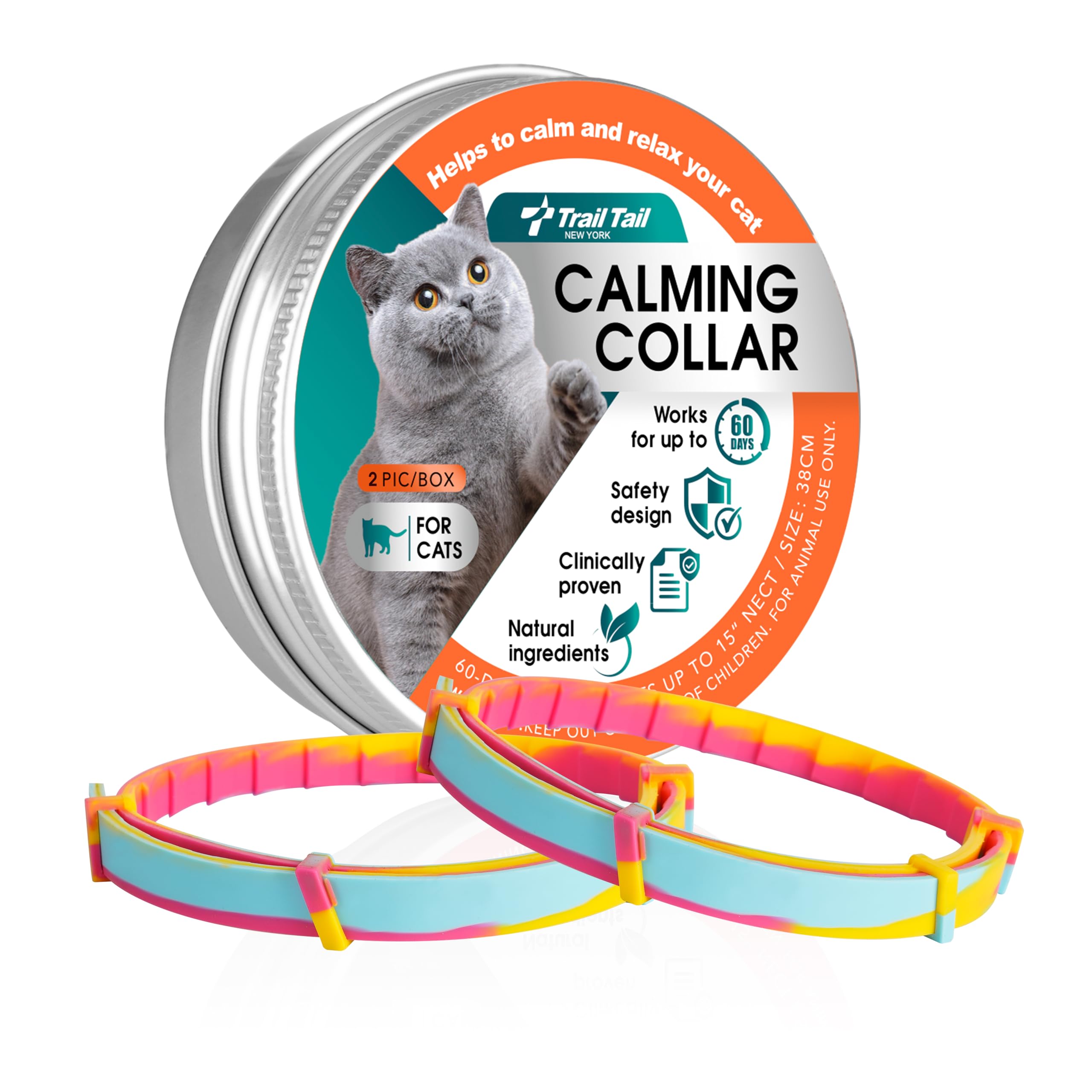 Calming Collar for Cats, Pheromone Collar for Cat Anxiety Relief, 60 Days Adjustable Waterproof TPE, Cat Calming Collars Helps Calm During Loud Noises and Separation (Rainbow, 2 Pack)