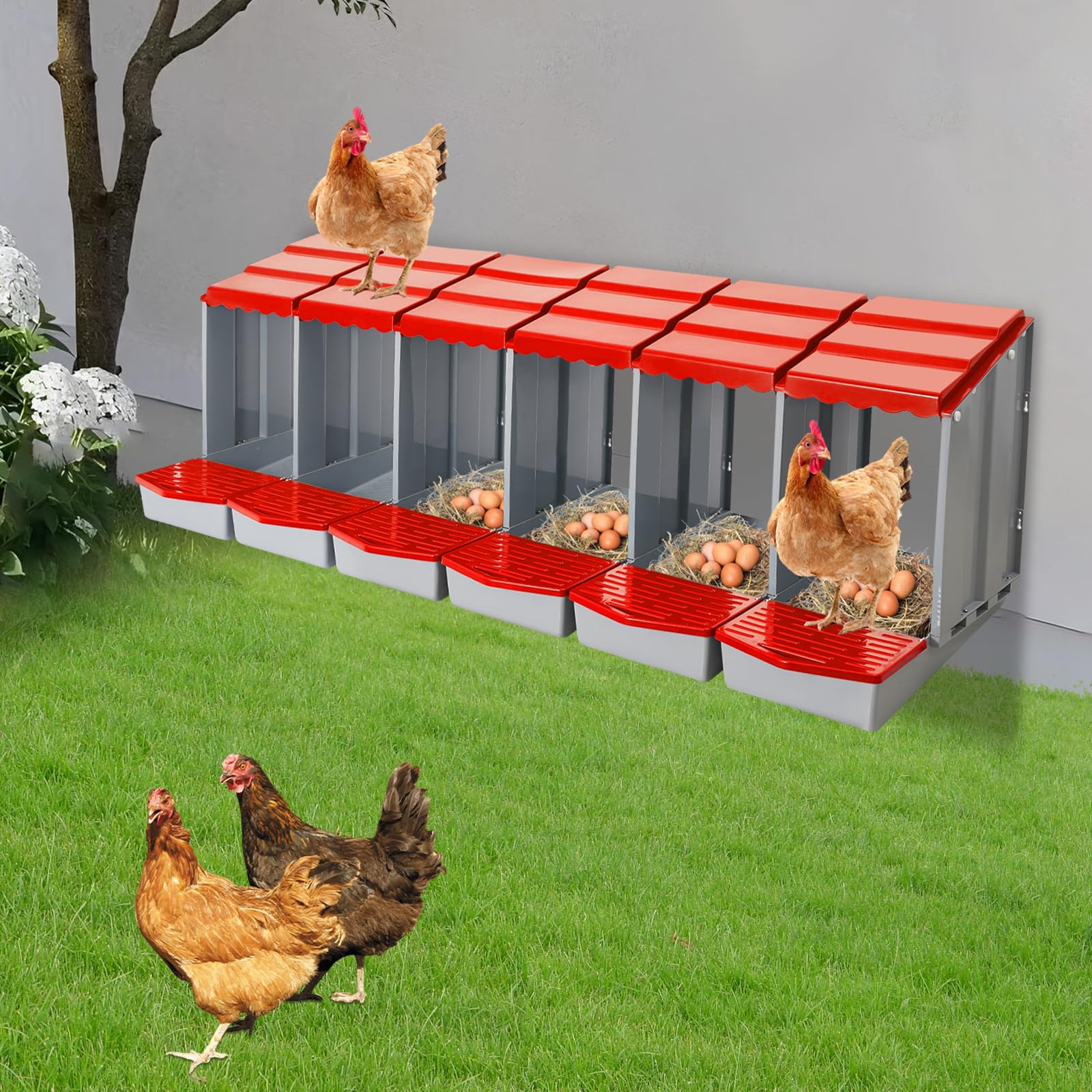 Nido de pollo con 6 cámaras, nido de plástico para montaje en pared, nido de aves de corral para huevos puestos, fácil limpieza (rojo)