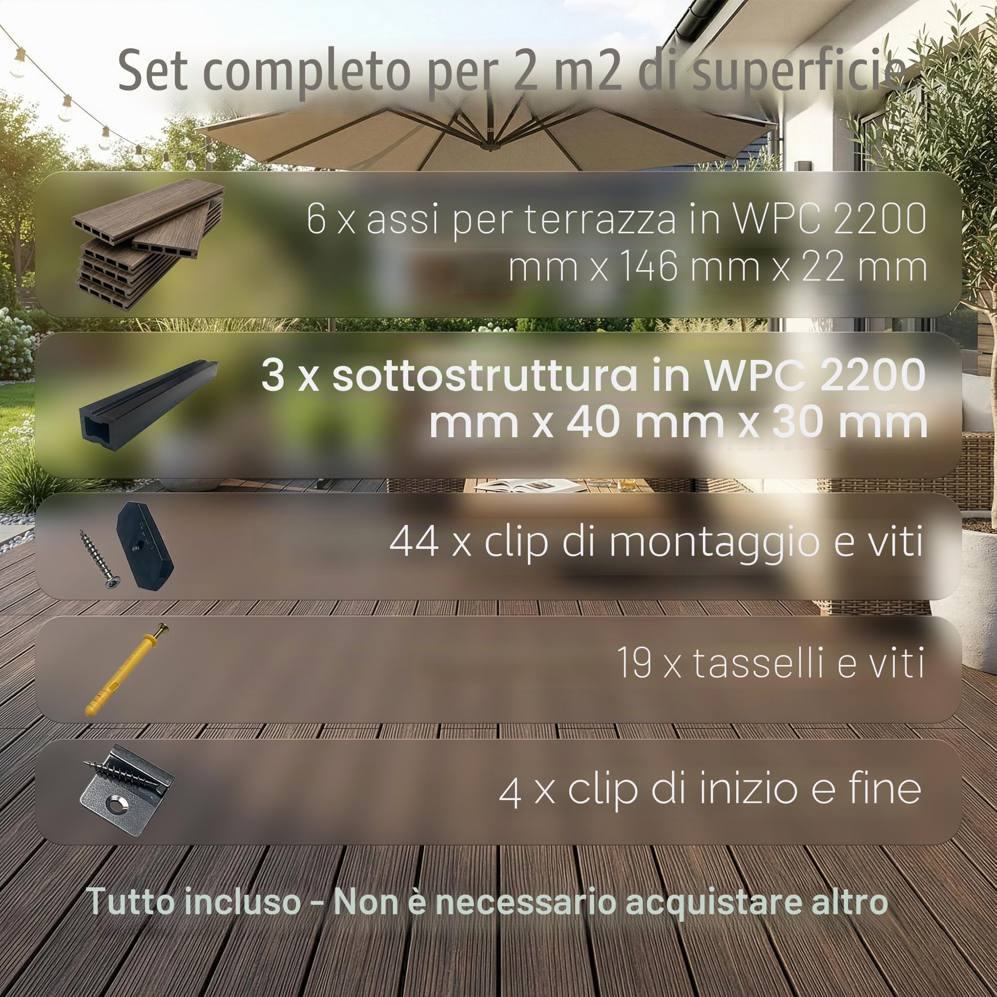Floordirekt WPC pavimentazione per terrazza 220x14,6cm – Assi piene con camera d'aria, set completo, incl. sottostruttura & materiale di montaggio, resistente agli agenti atmosferici e ai raggi UV per