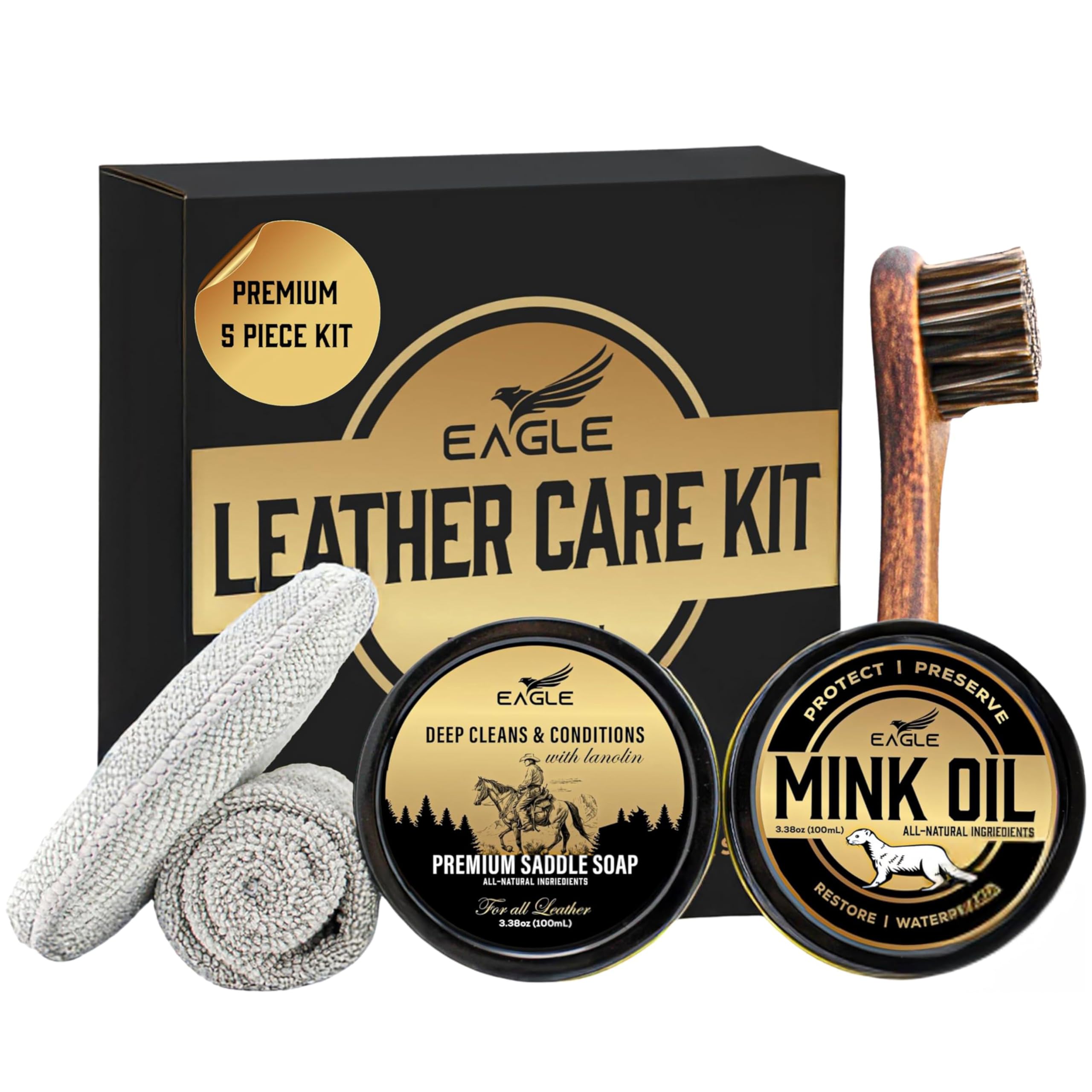 Eagle Leather Boot Care Kit – Mink Oil, Saddle Soap for Leather, Applicators & Cloth – Leather Care Kit, Boot Leather Care Kit, Leather Shoe Care Kit for Cowboy Boots, Work Boots, Shoes, and Tack