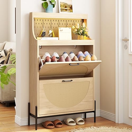 Vista 10 de Gadroad Armario de almacenamiento de zapatos con 2 cajones abatibles, organizador de zapatos oculto independiente con patas de madera, zapatero
