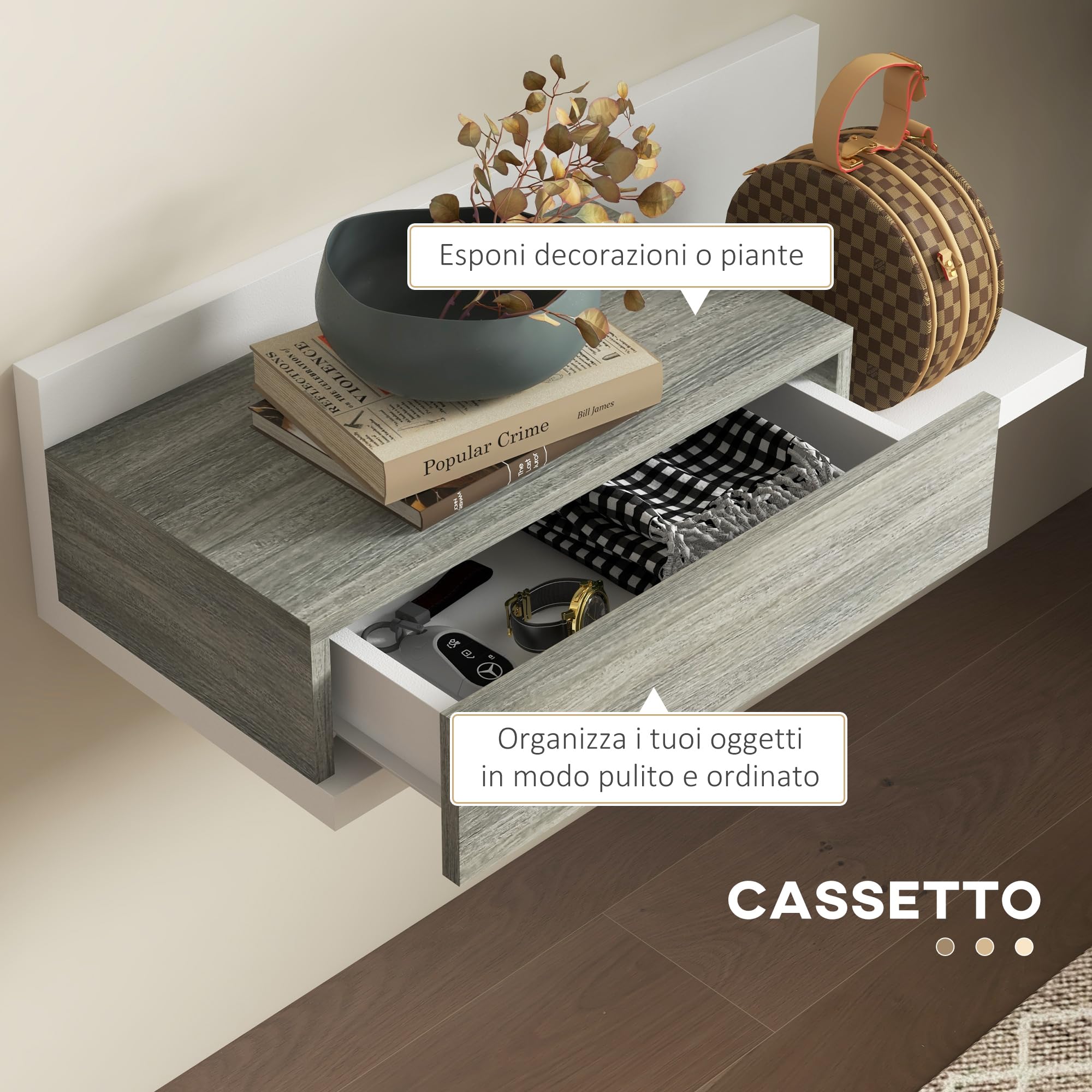 HOMCOM Mobile da Ingresso 2 in 1 con Specchio da Parete 75x3.5x75 cm e Cassetto 75x30.5x20 cm, Set da Ingresso in MDF e Vetro, Grigio e Bianco