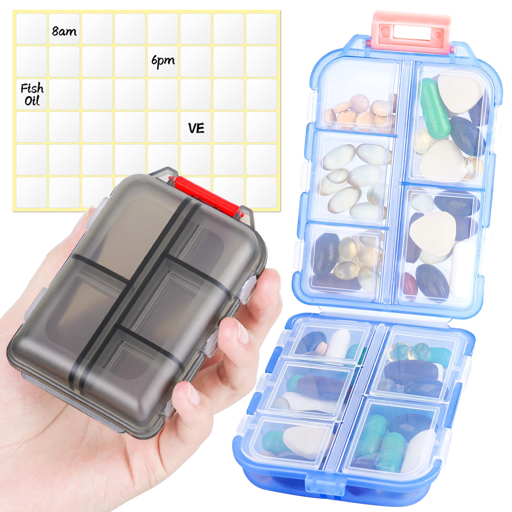 VMVN 2Pack Travel Pill Organizer,Small Pill Case Portable with Lables,Pocket Pharmacy 10 Compartments,Moisture Proof Medicine Container Box,Weekly Daily Pill Holder for Purse Vitamins