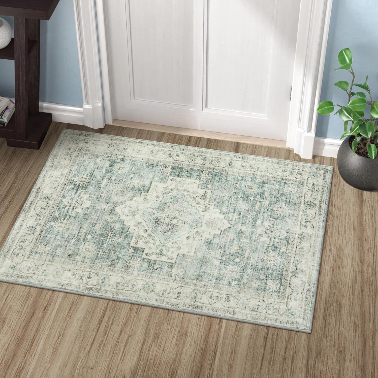 LIVEBOX Washable Rug 2x3 - Indoor Entryway Rug Boho Low-Pile Small Rug for Front Door, Print Distressed Doormat Carpet Non-Slip Indoor Outdoor Rugs, Sage Green