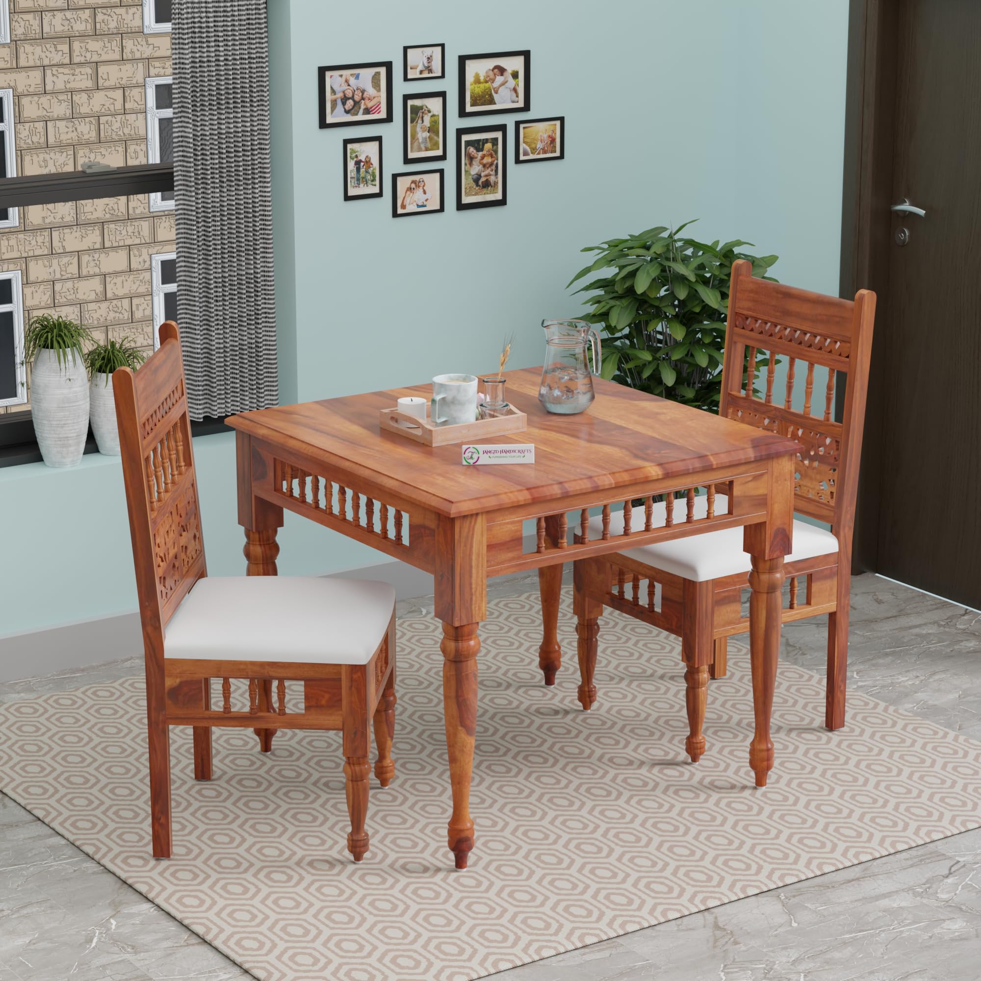 Jangid Handicraft Solid Sheesham Wood 2 Seater Dining Table Set for Living Room | Two Seater Dining Table with 2 Cushions Chairs for Home | Dining Room Sets for Restaurants & Kitchen | Honey Finish-image-48