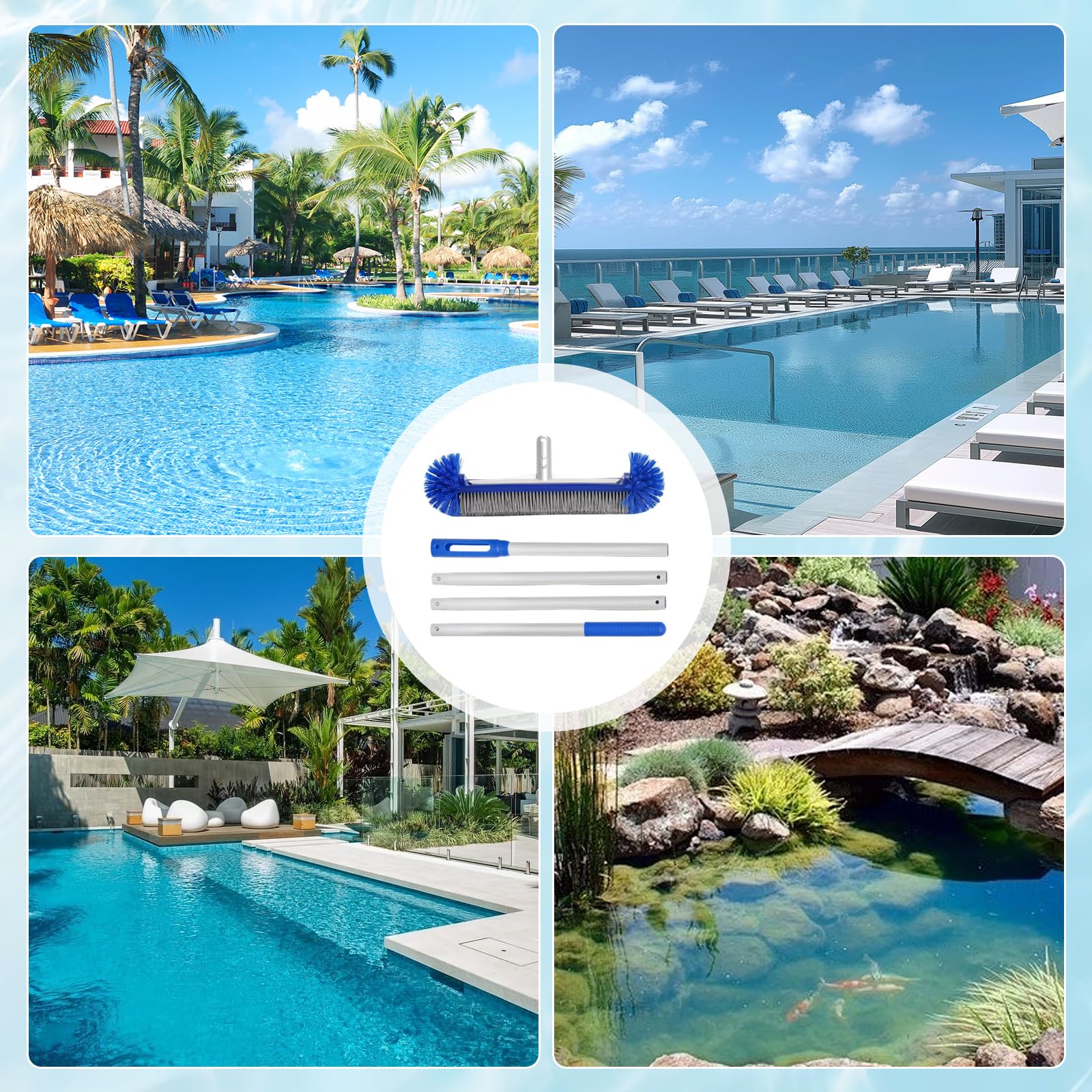 Runde Poolbürste, Poolbürste mit Teleskopstange Pool Reinigungs Bürste mit Halbkugelförmigen Borsten, Längenverstellbarer Aluminiumstange, Pool Schrubber für Poolwänden, Stufen
