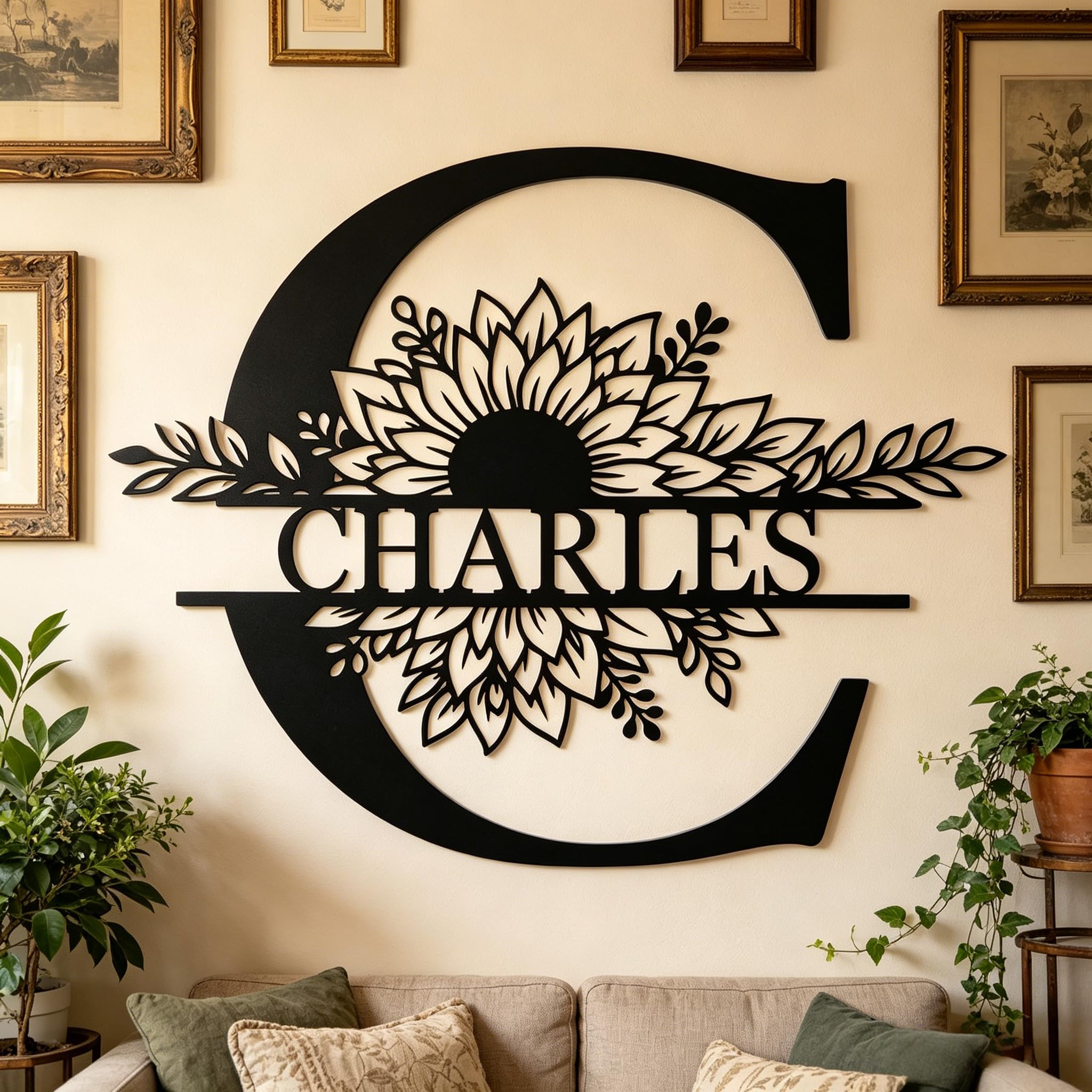 Amerliga Personalised Sunflower Monogram Metal Sign, Custom Initial & Family Name Plaque for Home, Garden & Outdoor Wall Decor