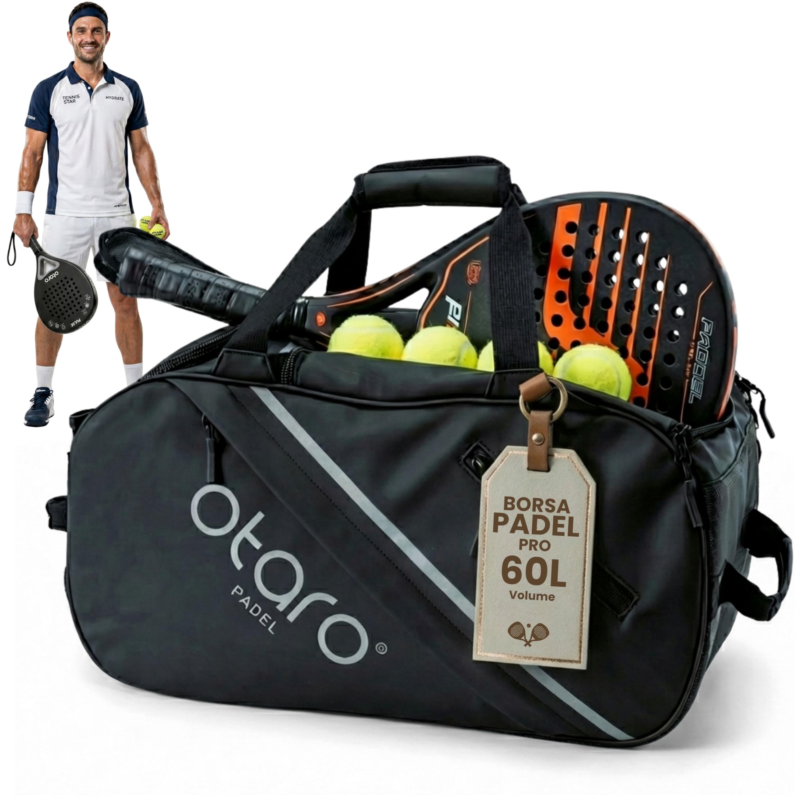 Otaro Borsa Padel 60L | Zaino con porta scarpe, vano termico e laptop | Custodia racchetta padel per 2 racchette, vestiti e accessori | Sistema di trasporto 4 in 1 | Borsa padel uomo e donna (Nero)
