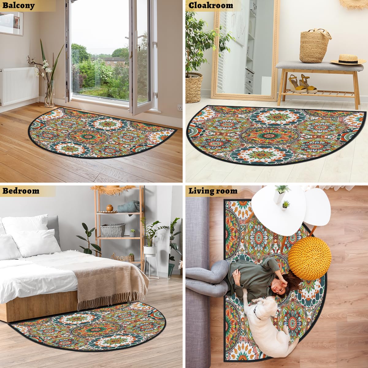 Mexpekil Paillasson géométrique mandala demi-lune pour intérieur et extérieur, antidérapant, lavable, absorbant, anti-saleté, 100 x 160 cm