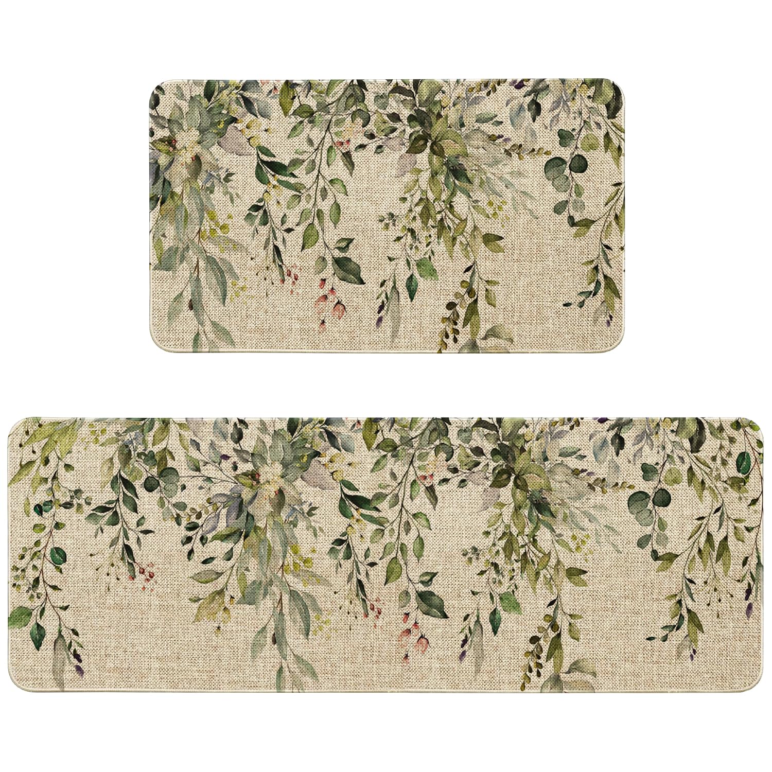 Sage Green Eucalyptus Kitchen Rugs Sets of 2 Non Slip Washable, Botanical Leaves Spring Kitchen Mats for Floor 2 Piece Home Decor