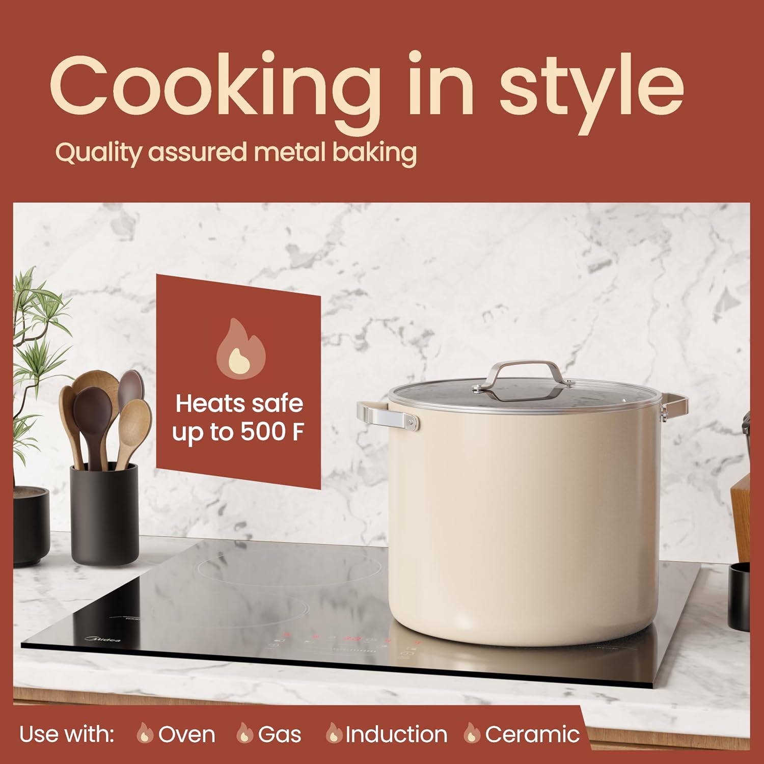 Bakken 16 Quart Ceramic Coated Stock Pot with Lid, Easy Clean Nonstick Pot, Tempered Glass Lid, Riveted Stainless Steel Handles, Oven Safe Up To 500°F, PTFE & PFAS Free, All Stove Compatible, Cream