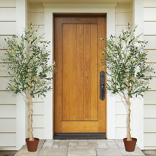 Miniatura 2 de Goplus Árbol de olivo artificial de 6 pies, árbol alto de seda de olivo en maceta con maceta, grandes ramas y frutas de olivo sintético, planta de