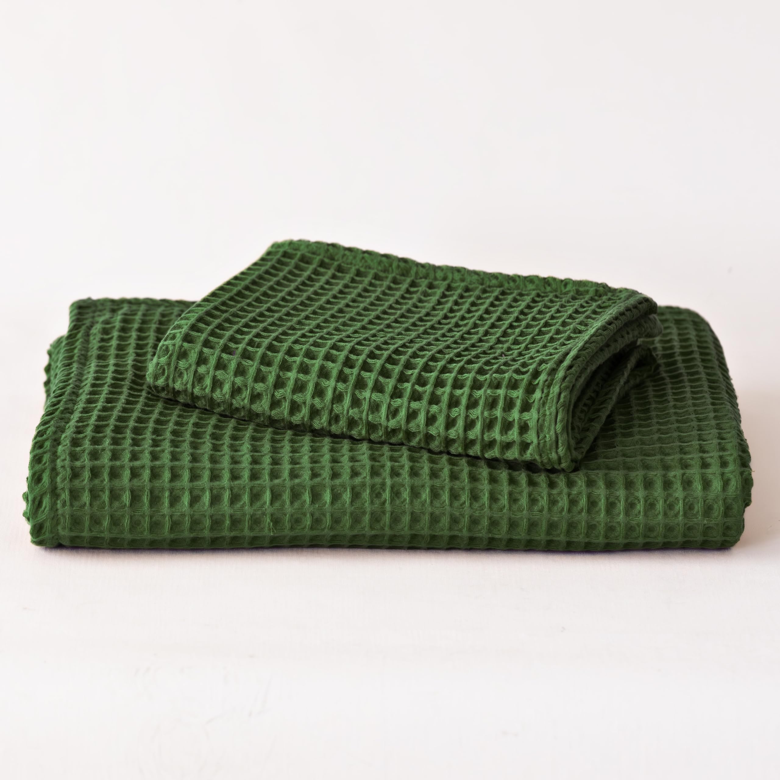 Viva Maison Waffle Weave Towels for Bathroom Set, Premium Pure Turkish Cotton Waffle Weave 1 Hand Towel & 1 Bath Towel Set (Green, Set of 2 Bath &