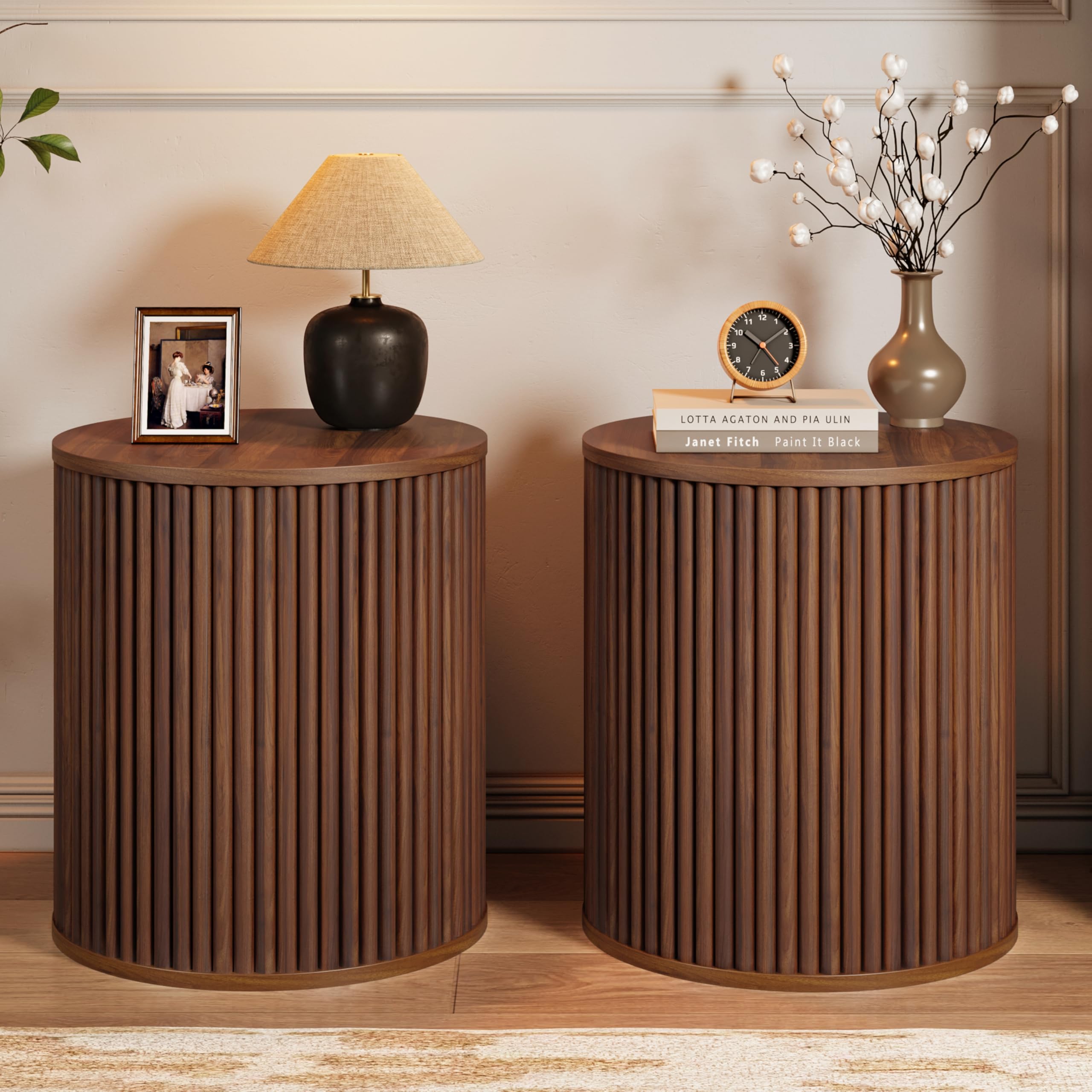 AVZEAR Small Round Side Table Fluted Night Stand Set of 2, Mid Century Modern End Table with Storage, Circle Bedside Tables Wood Nightstands for Small
