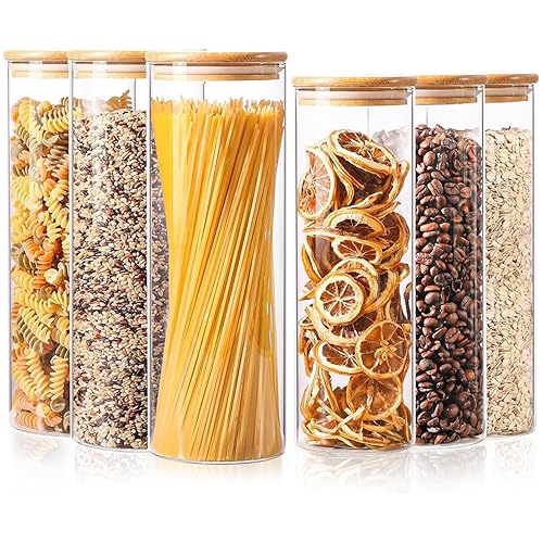 ComSaf Glass Food Storage Jars Set of 6, Tall Glass Storage Containers with Lids, Spaghetti Jar, Canisters Set for the kitchen, Pasta, Flour, Nuts, Oat, Coffee and Sugar Container, Pantry Organization - 2Qt*3/1.1Qt*3