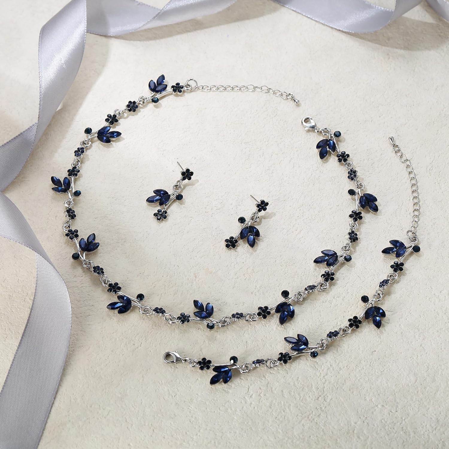 EVER FAITH Bridal Wedding Jewelry Set for Bride Bridesmaid Rhinestone Crystal Flower Leaf Choker Necklace Dangle Earring Link Bracelet Costume Accessories for Women - Image 5