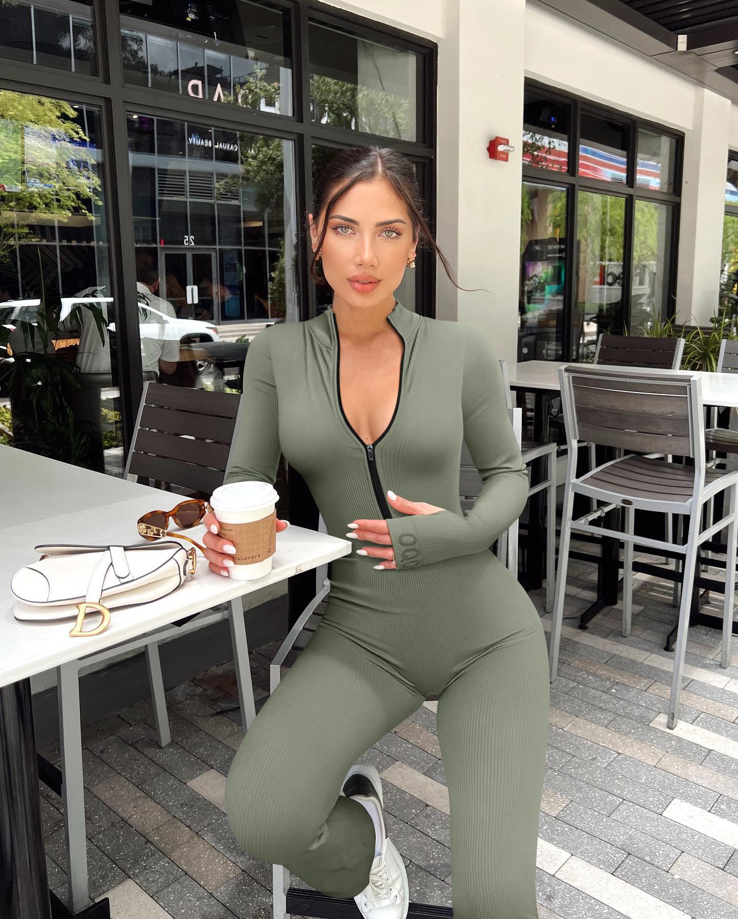 OQQ Women's Yoga Jumpsuits Ribbed Long Sleeve Zip Front Sport Bell Bottoms Flare Jumpsuits