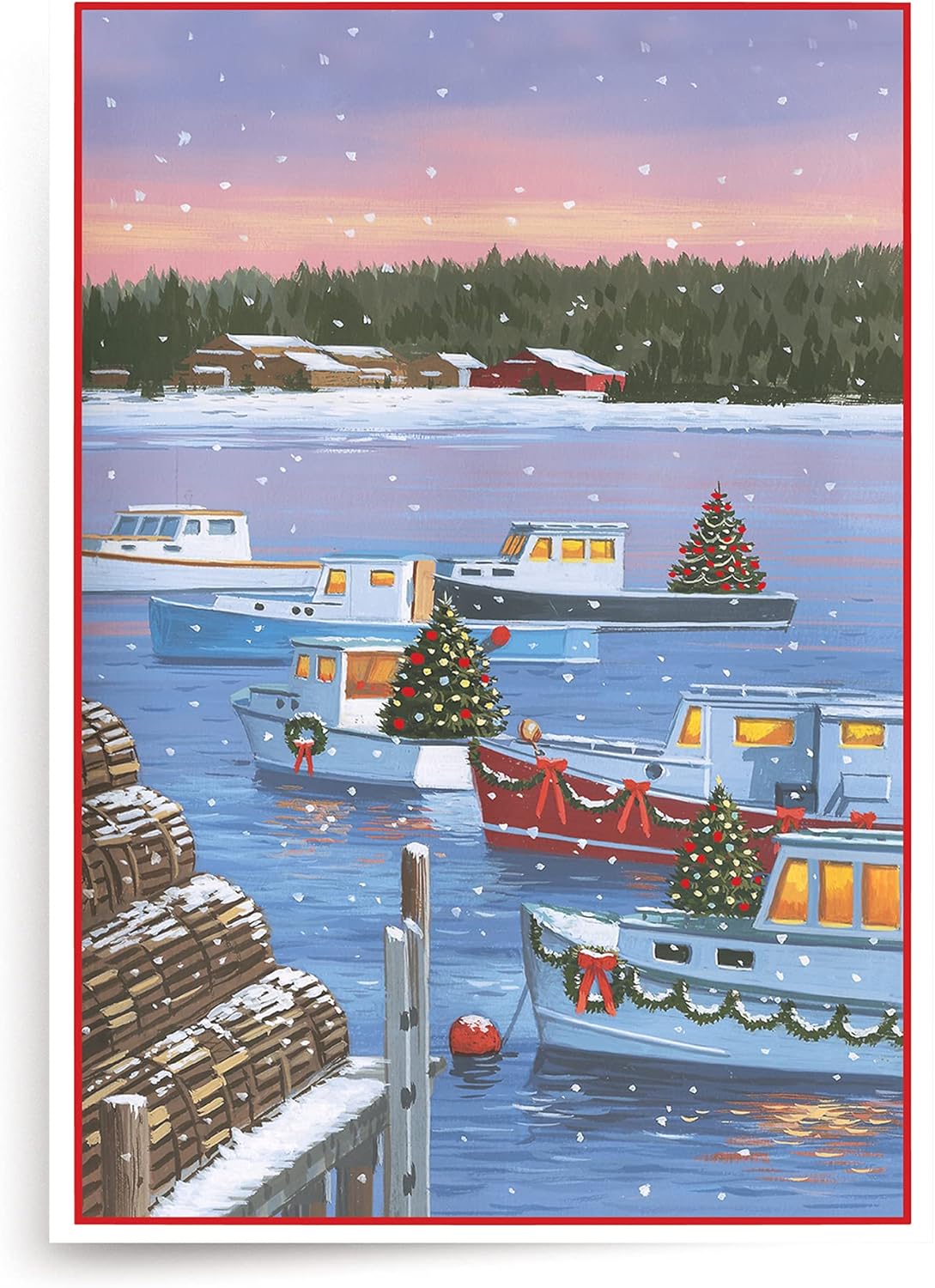 Designer Greetings Boxed Red Farm Studio Christmas Cards, Snowy Boats on the Water Scene (Box of 18 Nautical/Coastal Holiday Cards with White Envelopes)