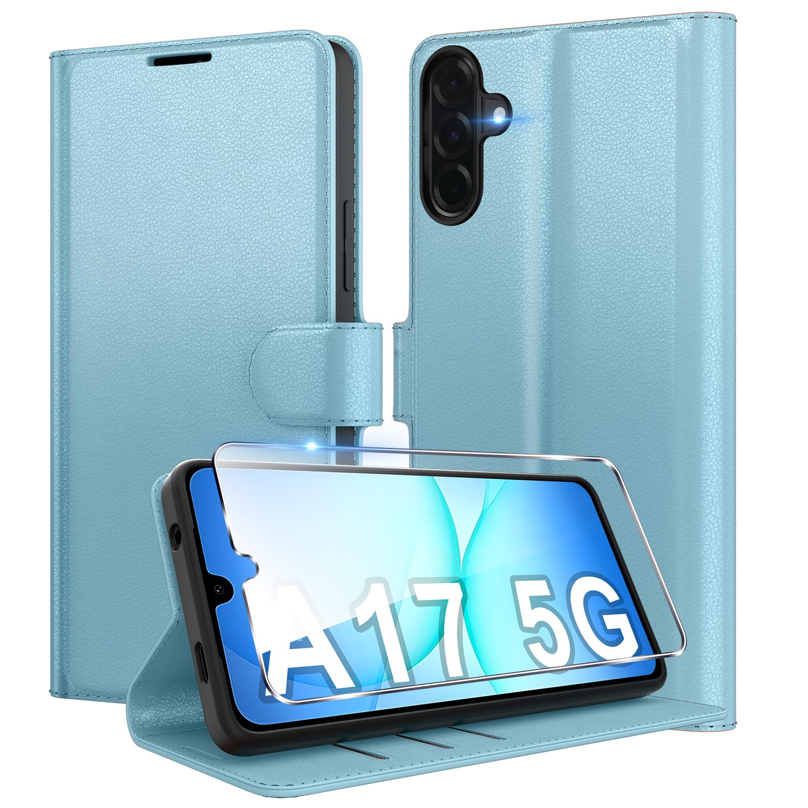 Eirltiy Cover per Samsung Galaxy A17 5G Portafoglio Pelle PU Premium, Custodia Scomparti Carte Antiurto Protettiva Case con 1 Vetro Temperato, Blu