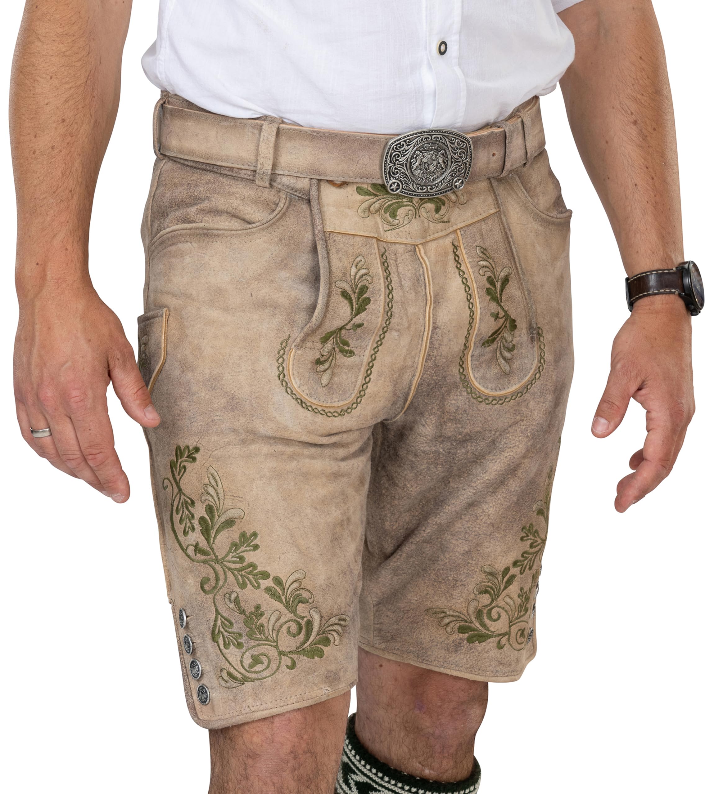 Schöneberger Trachten Couture Herren Lederhose kurz, Original Antik Wildbock Trachtenhose für Oktoberfest, grüne Stickereien, Franz