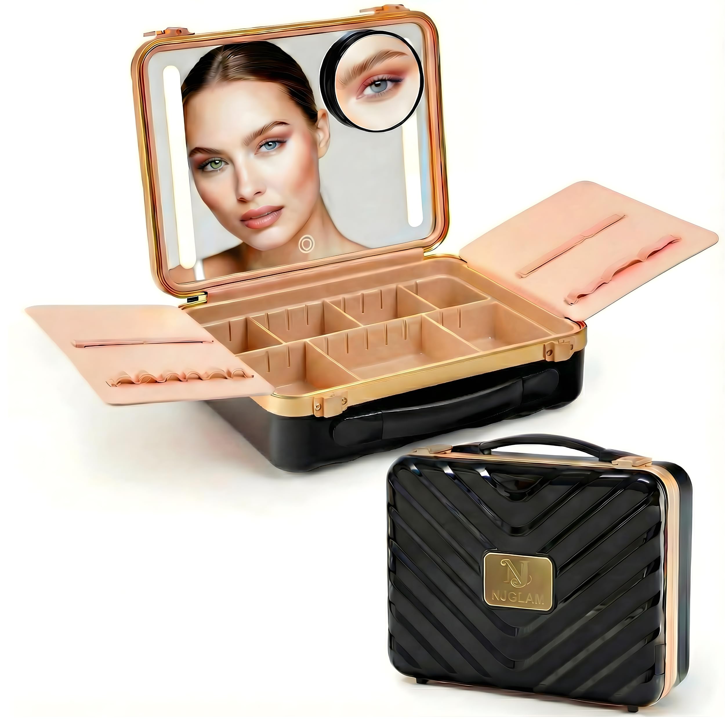 NJ GLAM Lighted Makeup Case with Mirror, Portable Travel Makeup Organizer with light up Mirror, 3 Light Settings, ADJUSTABLE DIVIDERS, Makeup Bag with