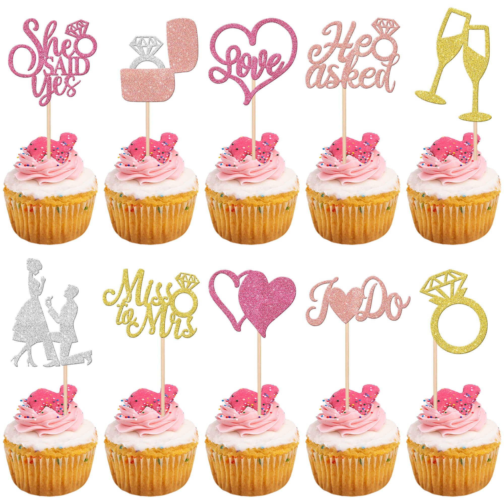 30 Stück Hochzeiten Tortendeko Glitzer He Ask She Said Yes Cupcake Toppers Miss to Mrs Diamant Ring Kuchen Deko für Verlobung Hochzeiten Thema Party Kuchen Dekorationen Buntes