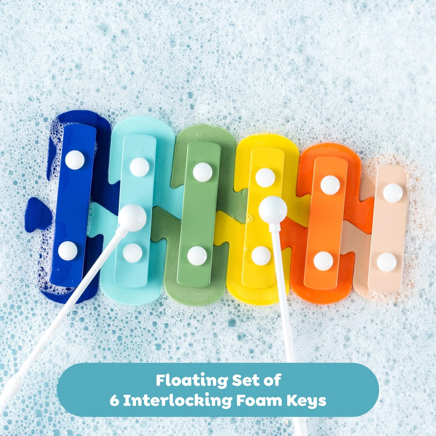 Tiger Tribe Xilófono de baño - Juguetes musicales para la hora del baño, 6 llaves de espuma entrelazadas, 2 hojas de música impermeables, juguetes acuáticos, regalos para niños pequeños, a partir de 2