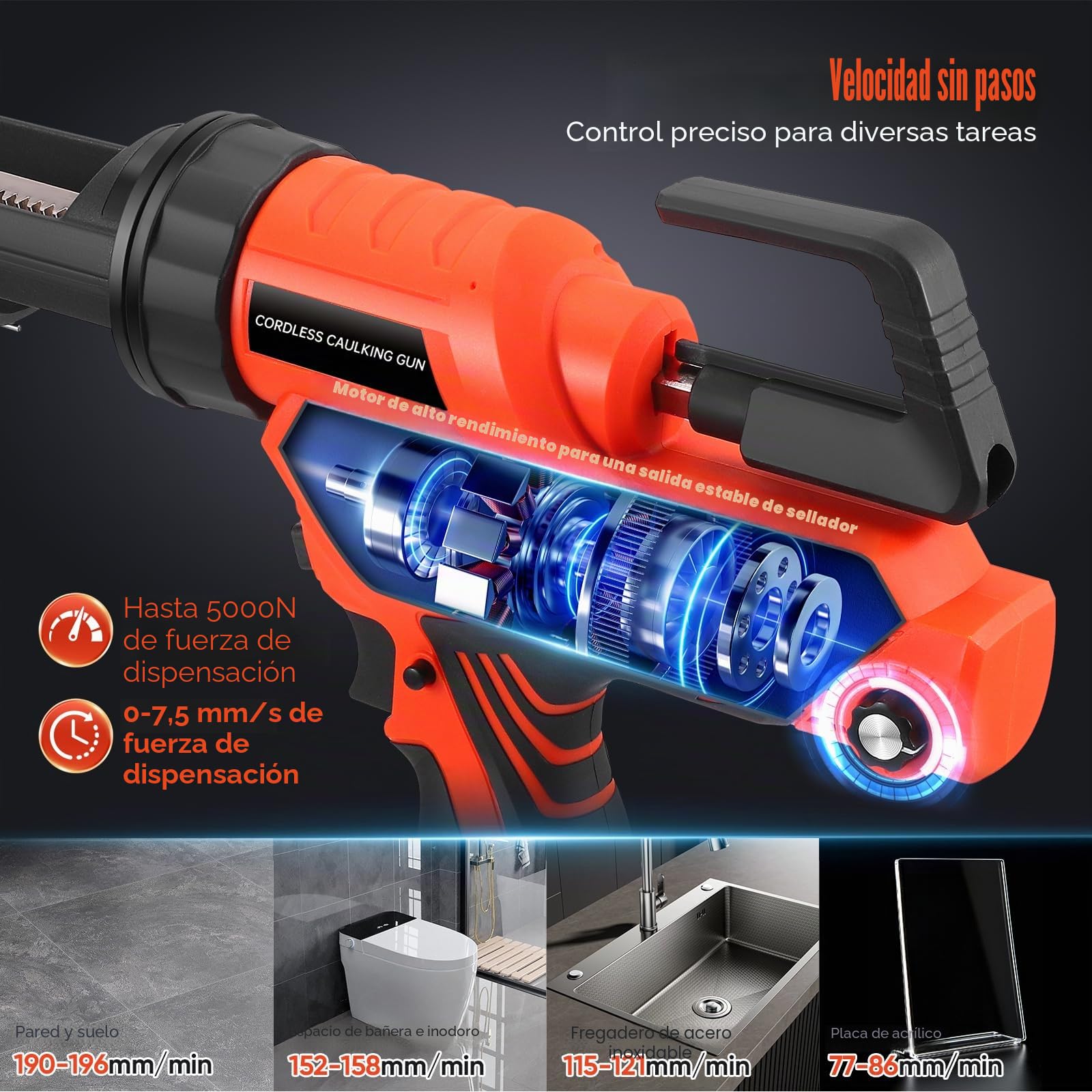 Pistola eléctrica de cartuchos con batería, pistola de cartuchos de 12V con 2 baterías, luz LED y 6 velocidades ajustables, pistola eléctrica de cartuchos de 300ml para sellado y masilla